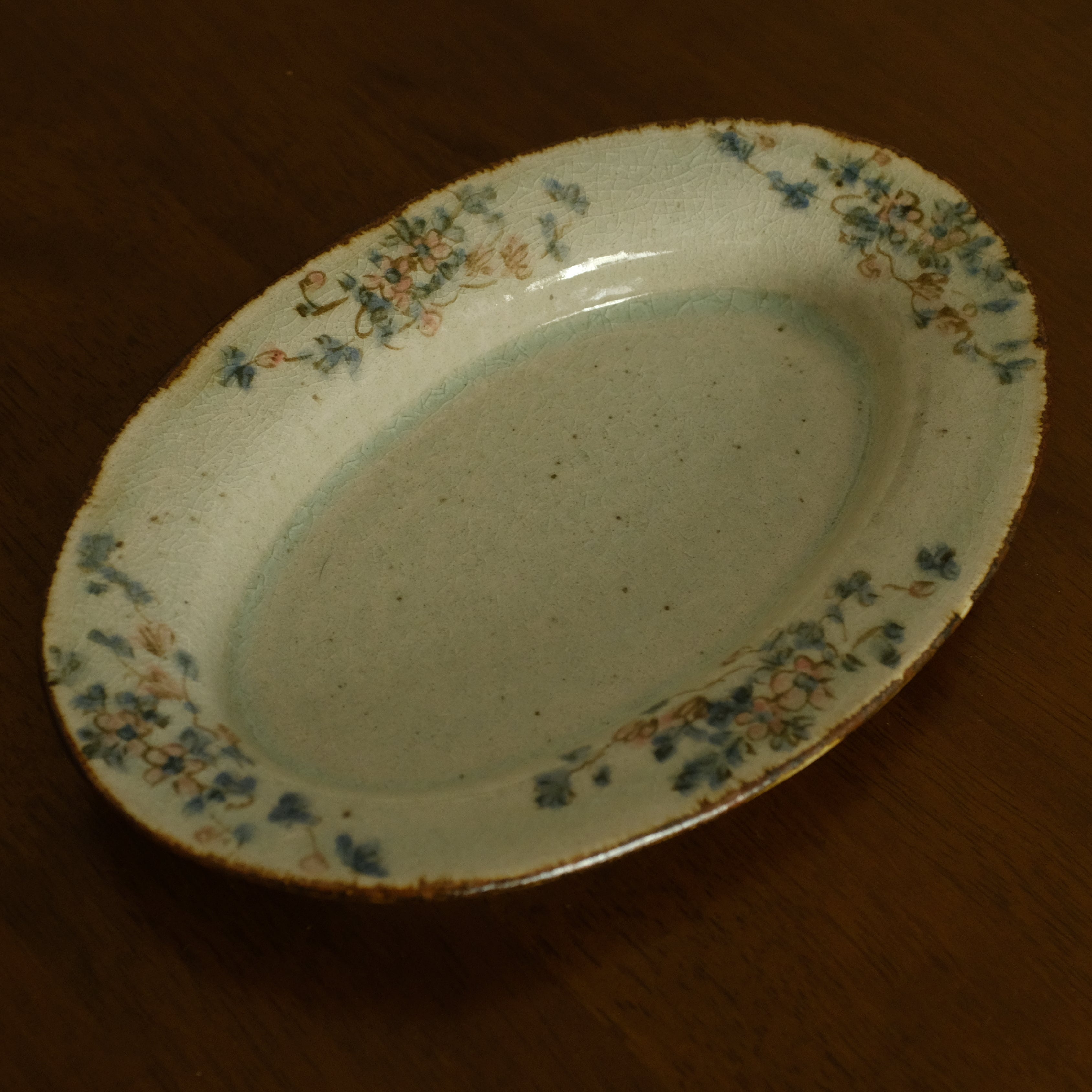 Annan Azure Retro Style Hand Painted Delicate Pink Cluster Flowers Oval Deep Plate Underglazed Stoneware Ceramic