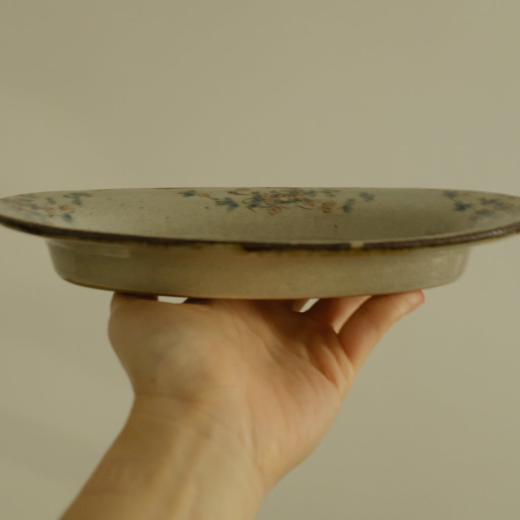 Annan Azure Retro Style Hand Painted Delicate Pink Cluster Flowers Oval Deep Plate Underglazed Stoneware Ceramic