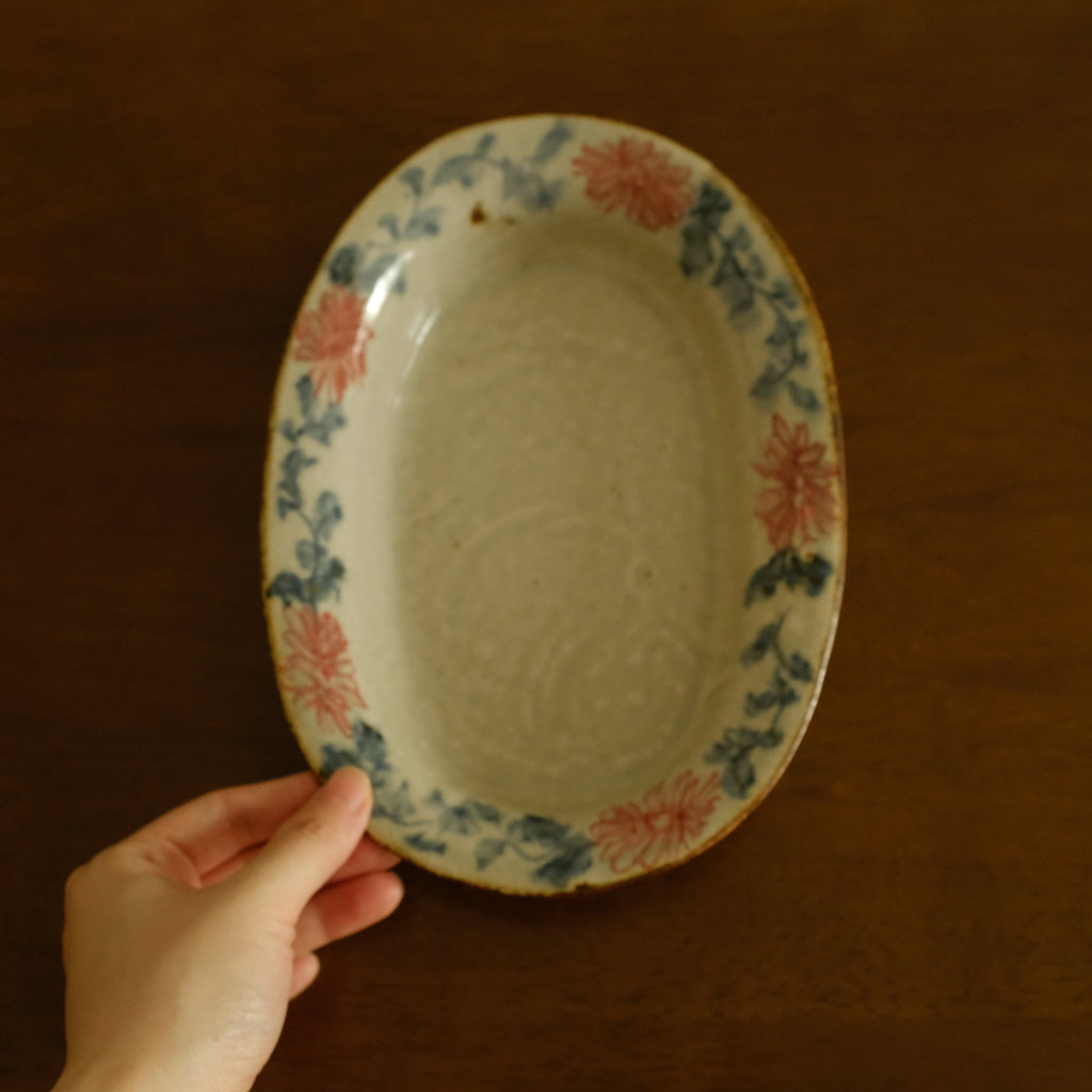 Annan Azure Retro Style Hand Painted Akai Red Blue Floral Pattern Large Oval Plate Underglazed Stoneware Ceramic