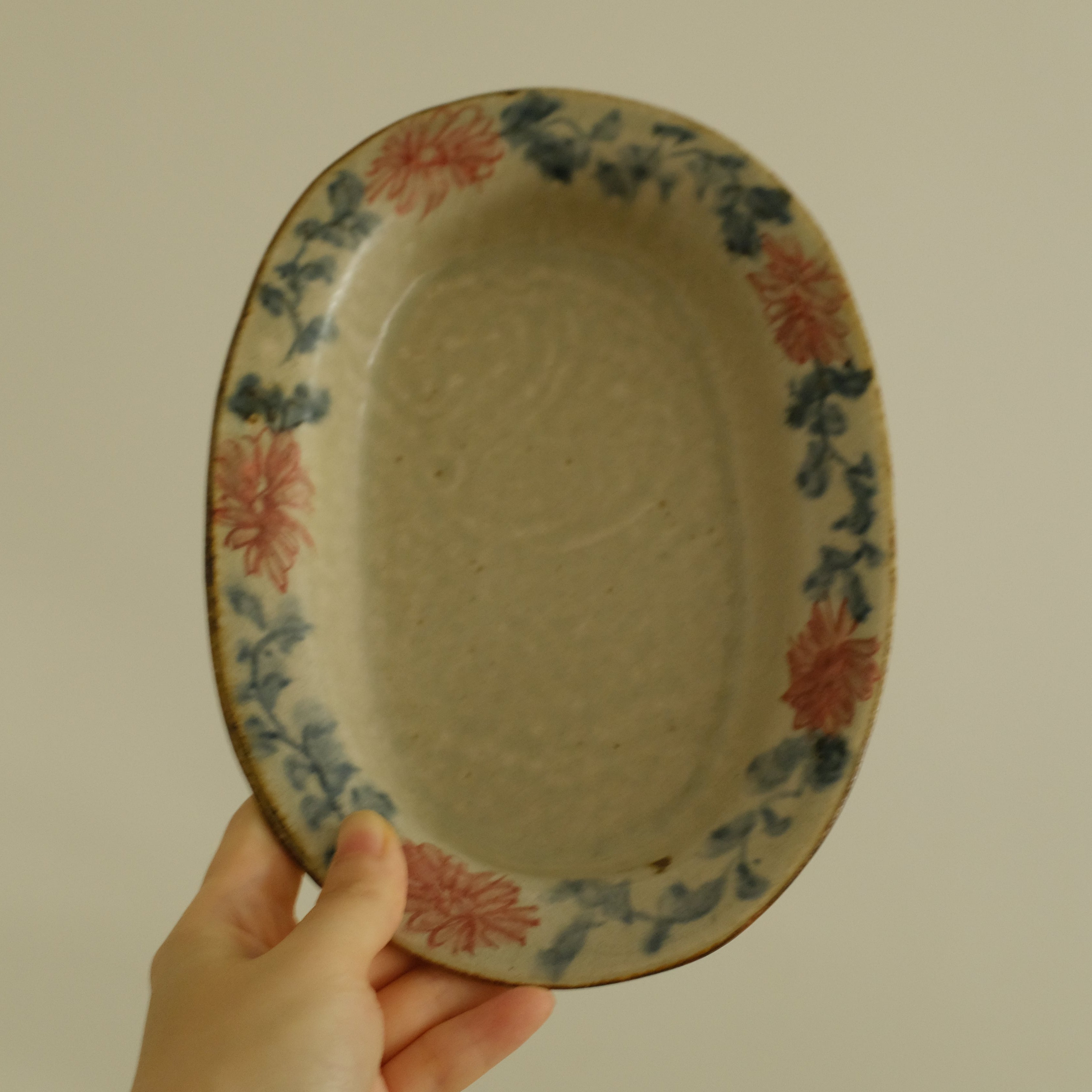 Annan Azure Retro Style Hand Painted Akai Red Blue Floral Pattern Large Oval Plate Underglazed Stoneware Ceramic