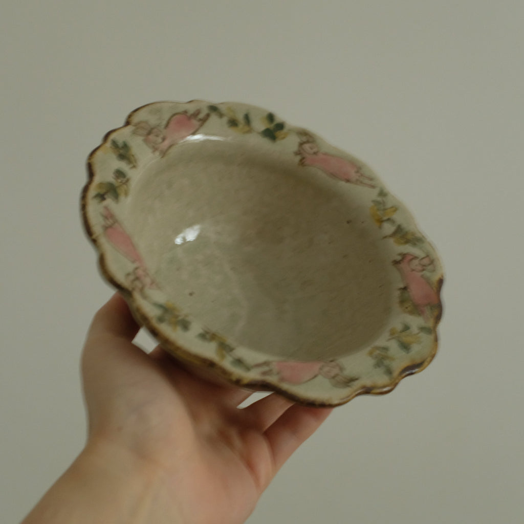 Annan Azure Retro Style Hand Painted Floral Rim Decorative Bunny Pattern Bowl Underglazed Stoneware Ceramic