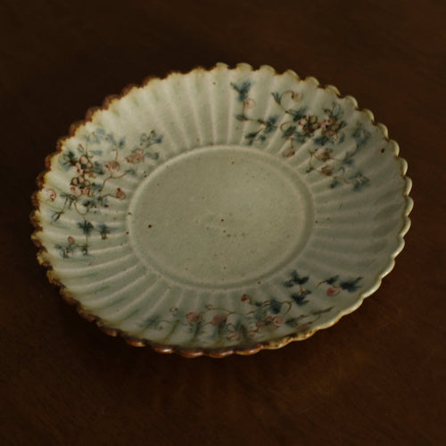 Annan Azure Retro Style Hand Painted Delicate Pink Cluster Flowers Chrysanthemum Floral Rim Round Plate Underglazed Stoneware Ceramic