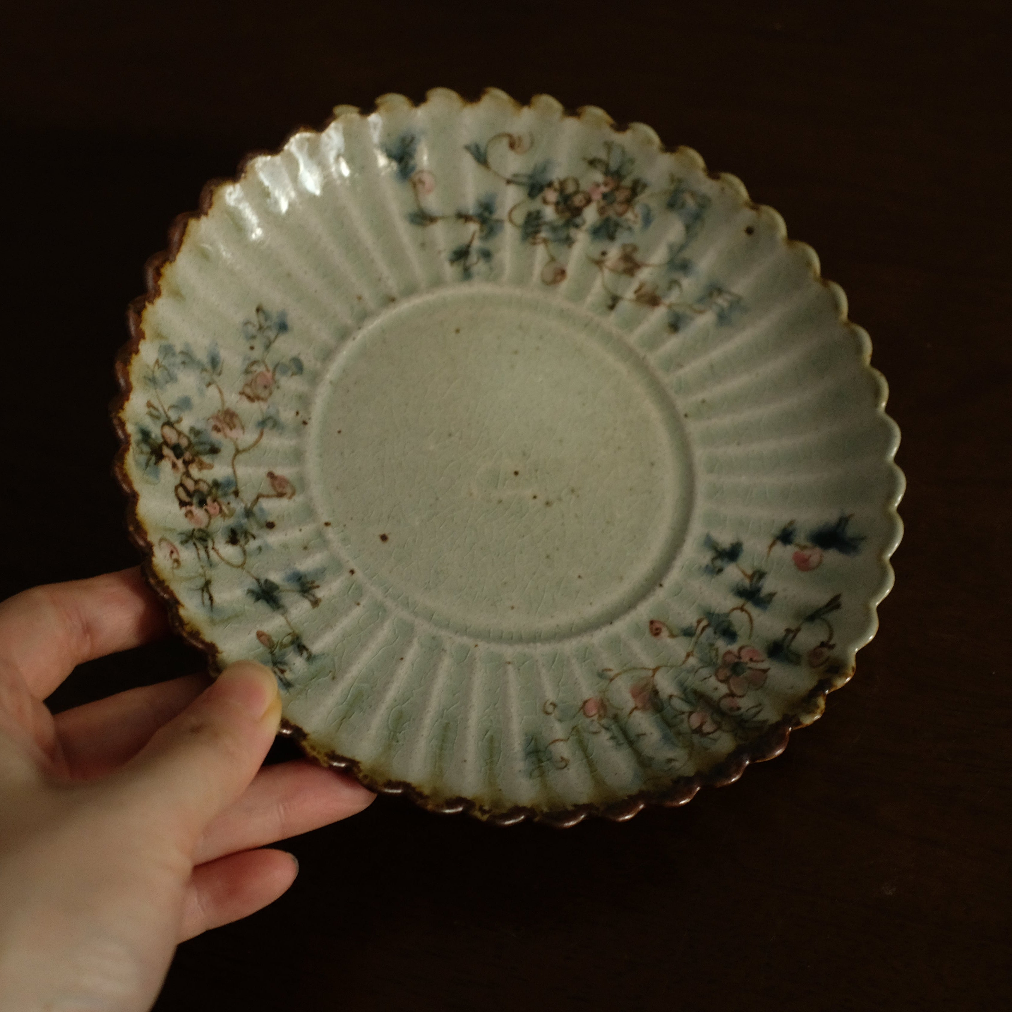 Annan Azure Retro Style Hand Painted Delicate Pink Cluster Flowers Chrysanthemum Floral Rim Round Plate Underglazed Stoneware Ceramic