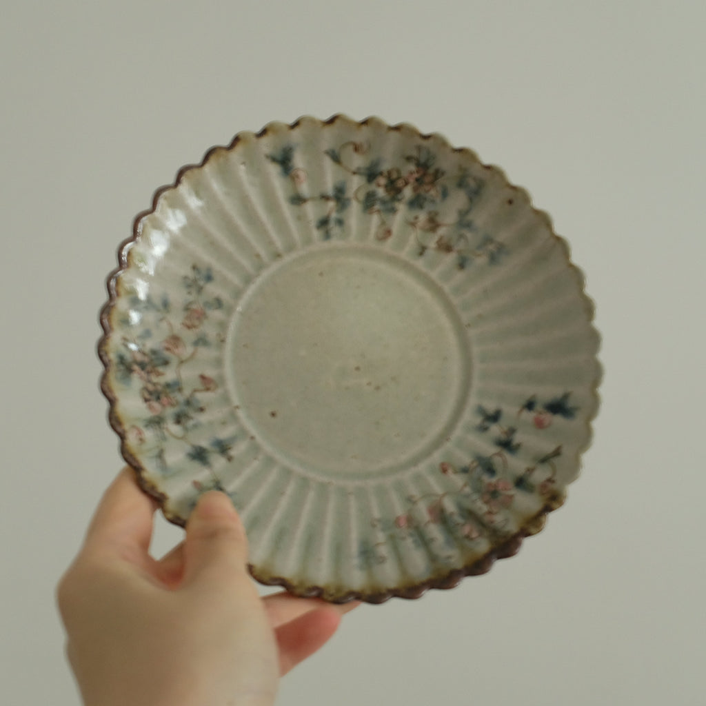 Annan Azure Retro Style Hand Painted Delicate Pink Cluster Flowers Chrysanthemum Floral Rim Round Plate Underglazed Stoneware Ceramic