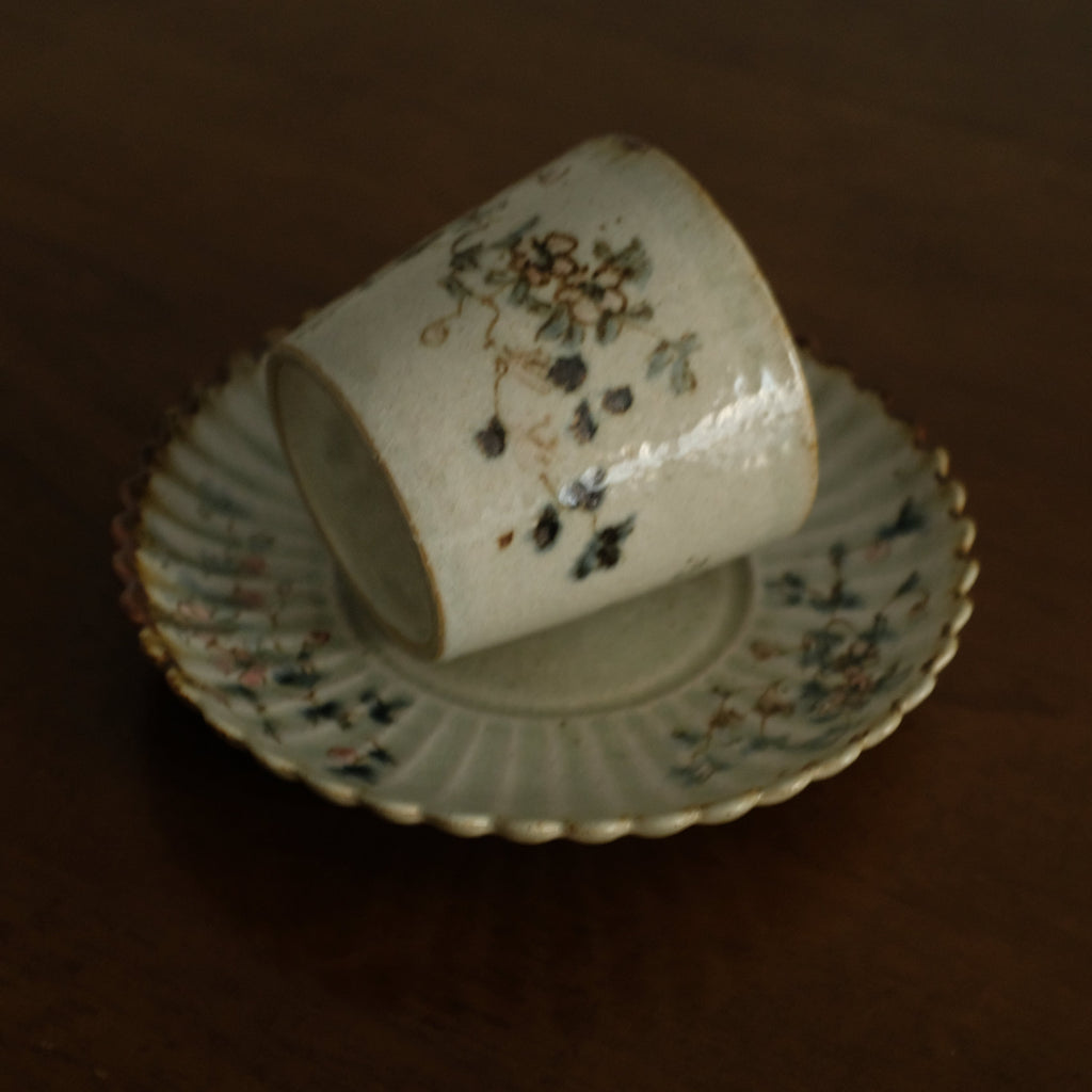 Annan Azure Retro Style Hand Painted Delicate Pink Cluster Flowers Chrysanthemum Floral Rim Round Plate Underglazed Stoneware Ceramic