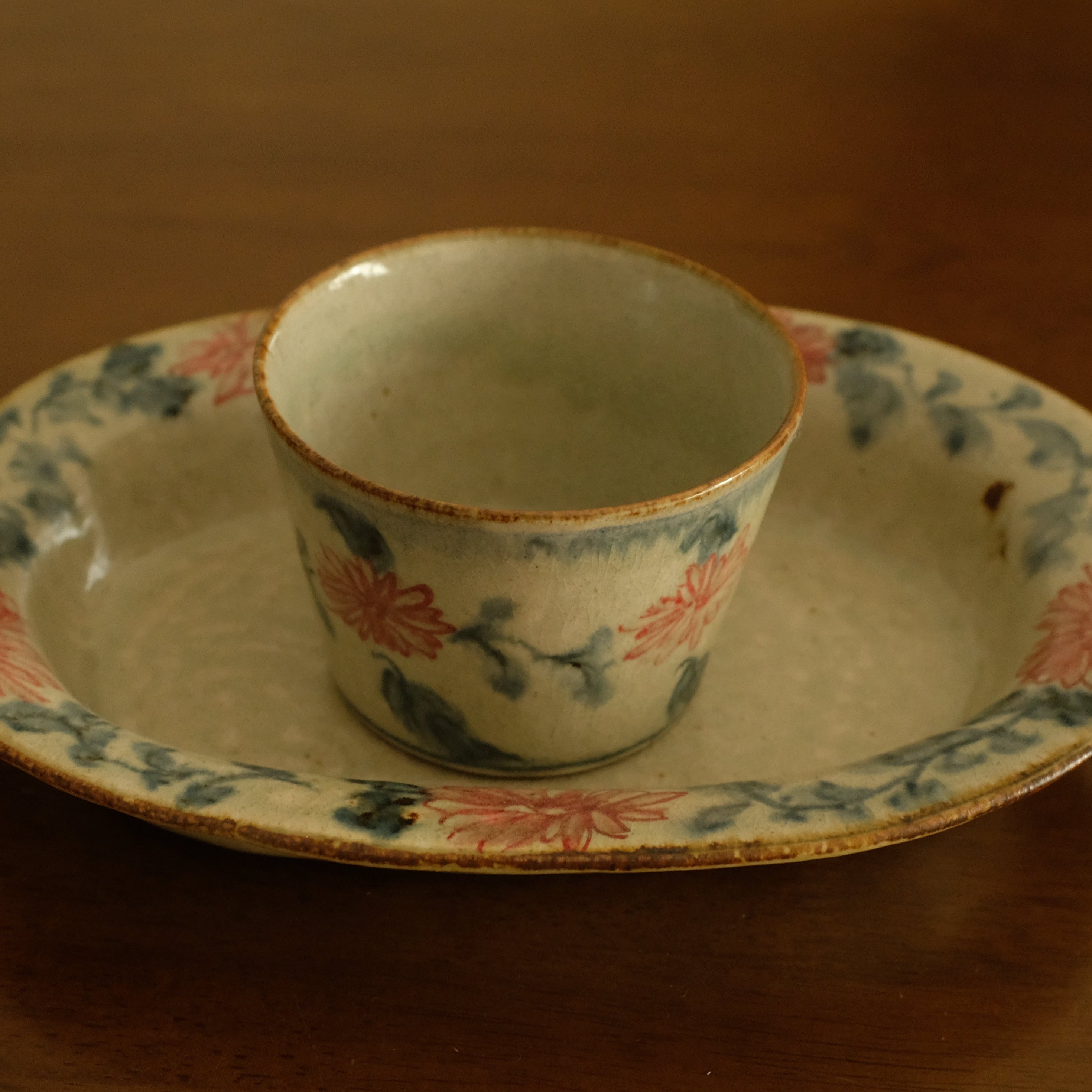 Annan Azure Retro Style Hand Painted Akai Red Blue Floral Pattern Choko Cup Underglazed Stoneware Ceramic