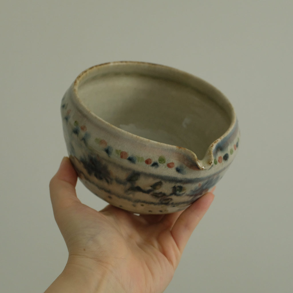 Annan Azure Retro Style Hand Painted Shiboride Indigo Blue Floral Motifs Katakuchi Chawan Matcha Bowl with Spout Underglazed Ceramic Stoneware