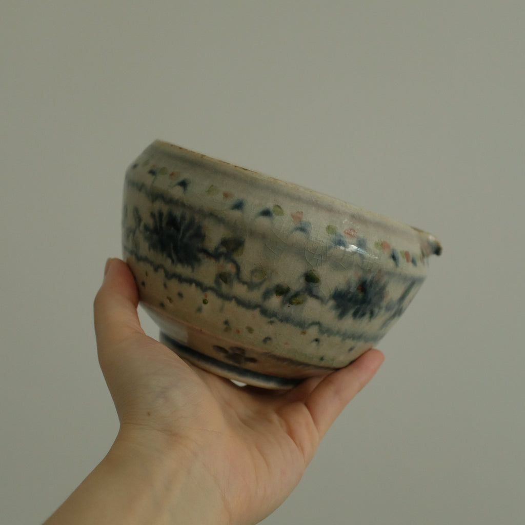 Annan Azure Retro Style Hand Painted Shiboride Indigo Blue Floral Motifs Katakuchi Chawan Matcha Bowl with Spout Underglazed Ceramic Stoneware