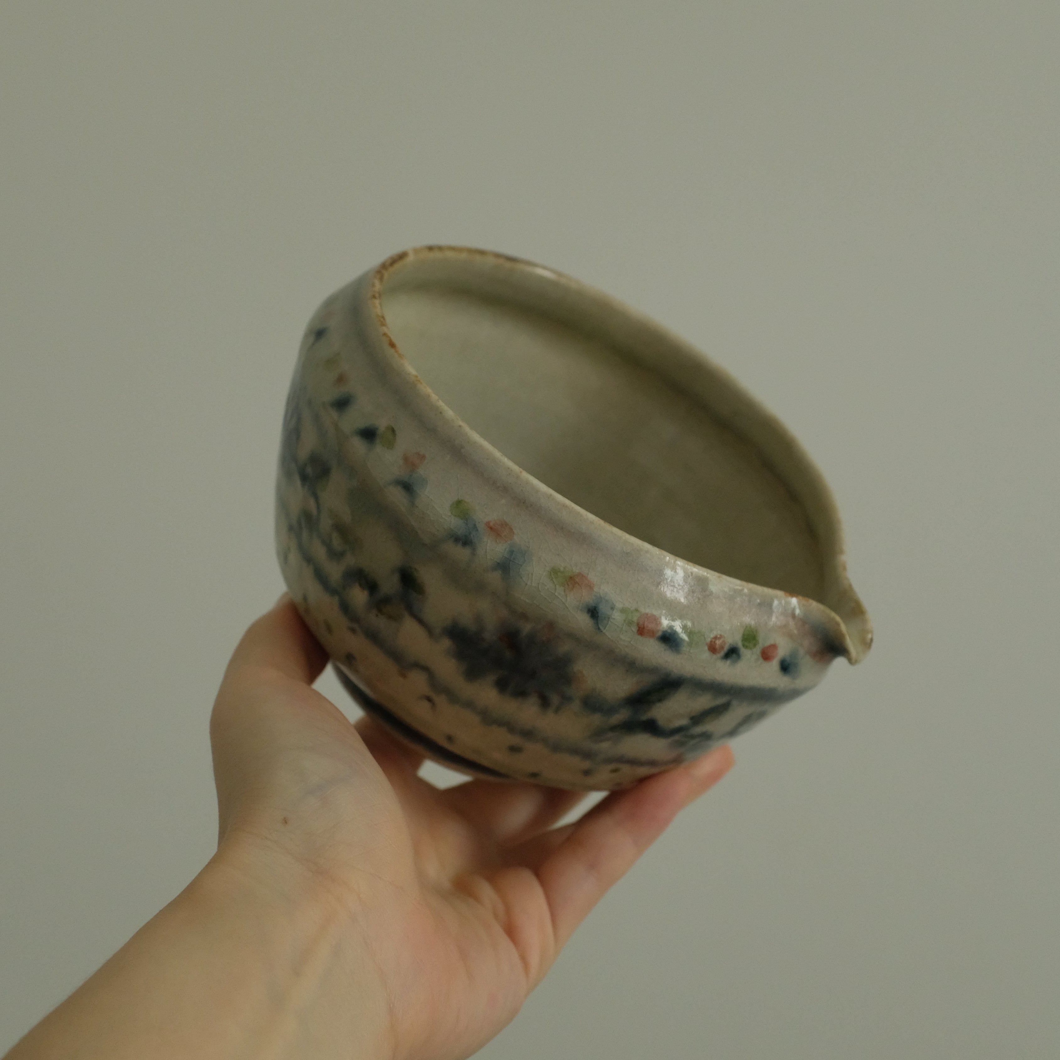 Annan Azure Retro Style Hand Painted Shiboride Indigo Blue Floral Motifs Katakuchi Chawan Matcha Bowl with Spout Underglazed Ceramic Stoneware
