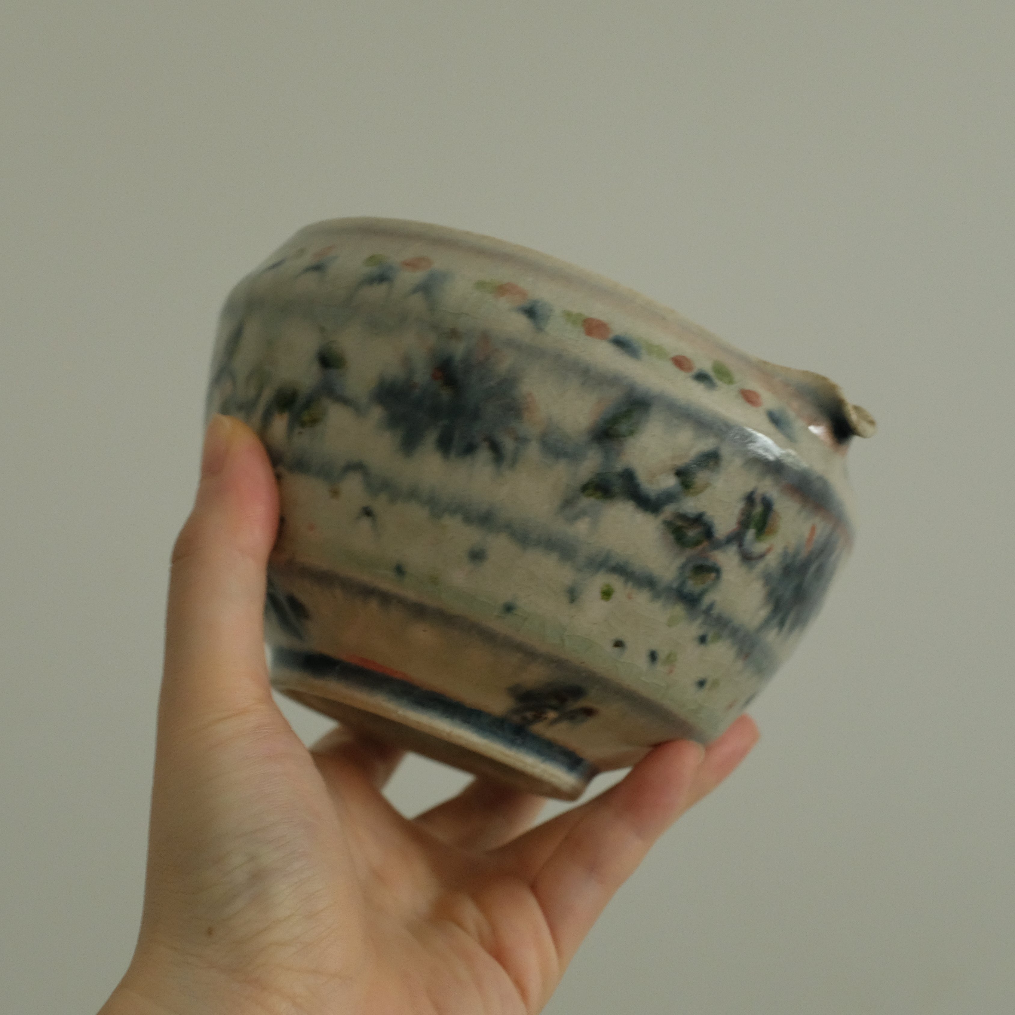 Annan Azure Retro Style Hand Painted Shiboride Indigo Blue Floral Motifs Katakuchi Chawan Matcha Bowl with Spout Underglazed Ceramic Stoneware