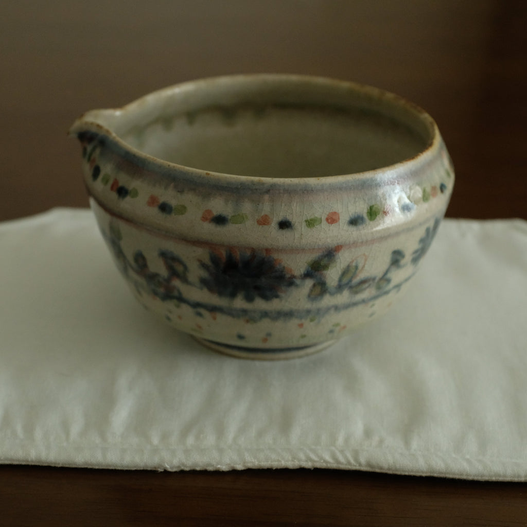 Annan Azure Retro Style Hand Painted Shiboride Indigo Blue Floral Motifs Katakuchi Chawan Matcha Bowl with Spout Underglazed Ceramic Stoneware