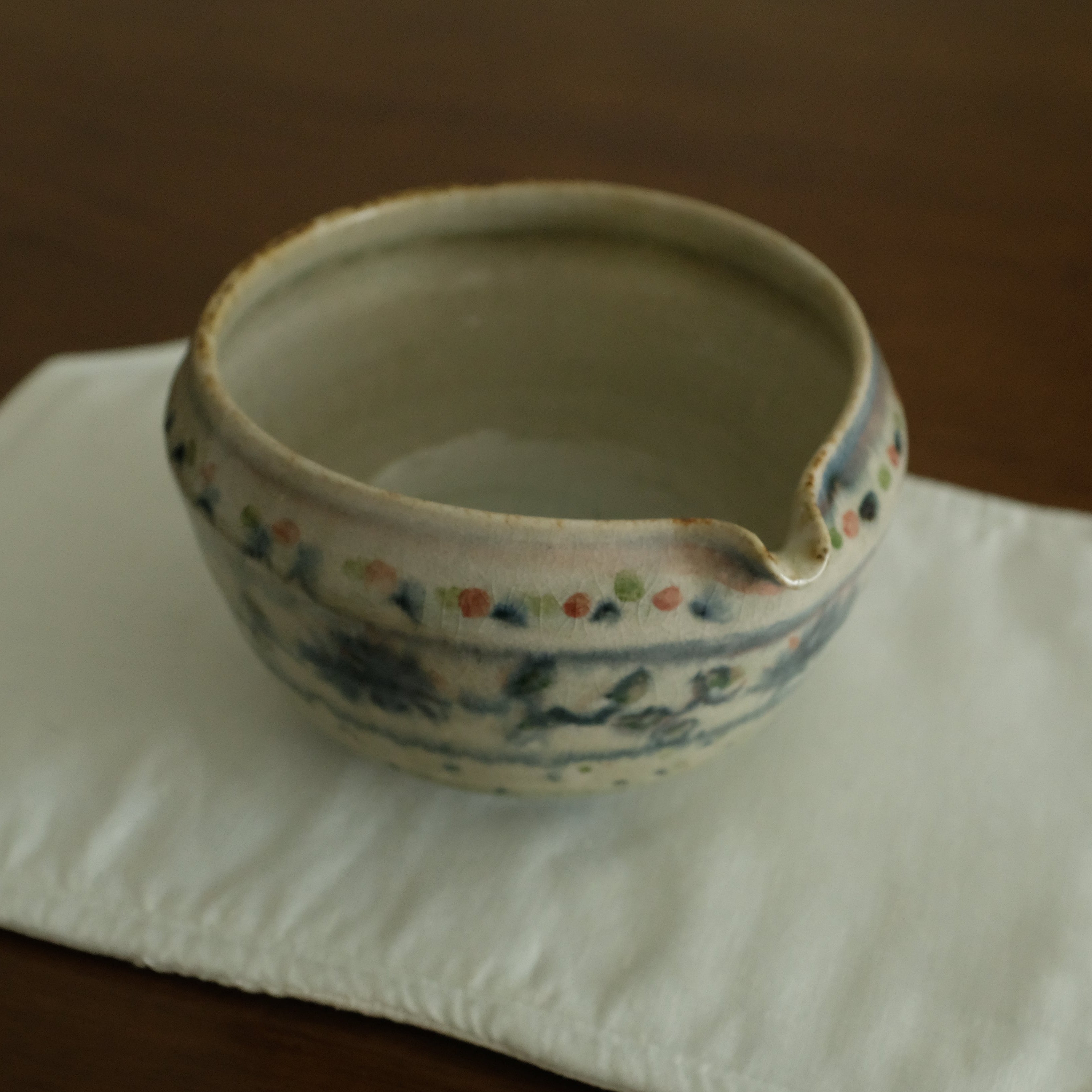 Annan Azure Retro Style Hand Painted Shiboride Indigo Blue Floral Motifs Katakuchi Chawan Matcha Bowl with Spout Underglazed Ceramic Stoneware