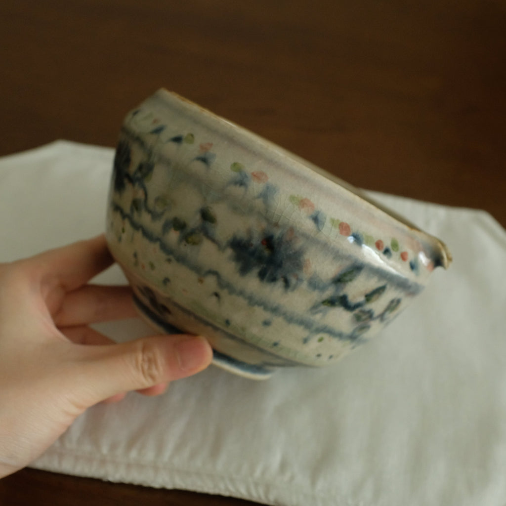 Annan Azure Retro Style Hand Painted Shiboride Indigo Blue Floral Motifs Katakuchi Chawan Matcha Bowl with Spout Underglazed Ceramic Stoneware