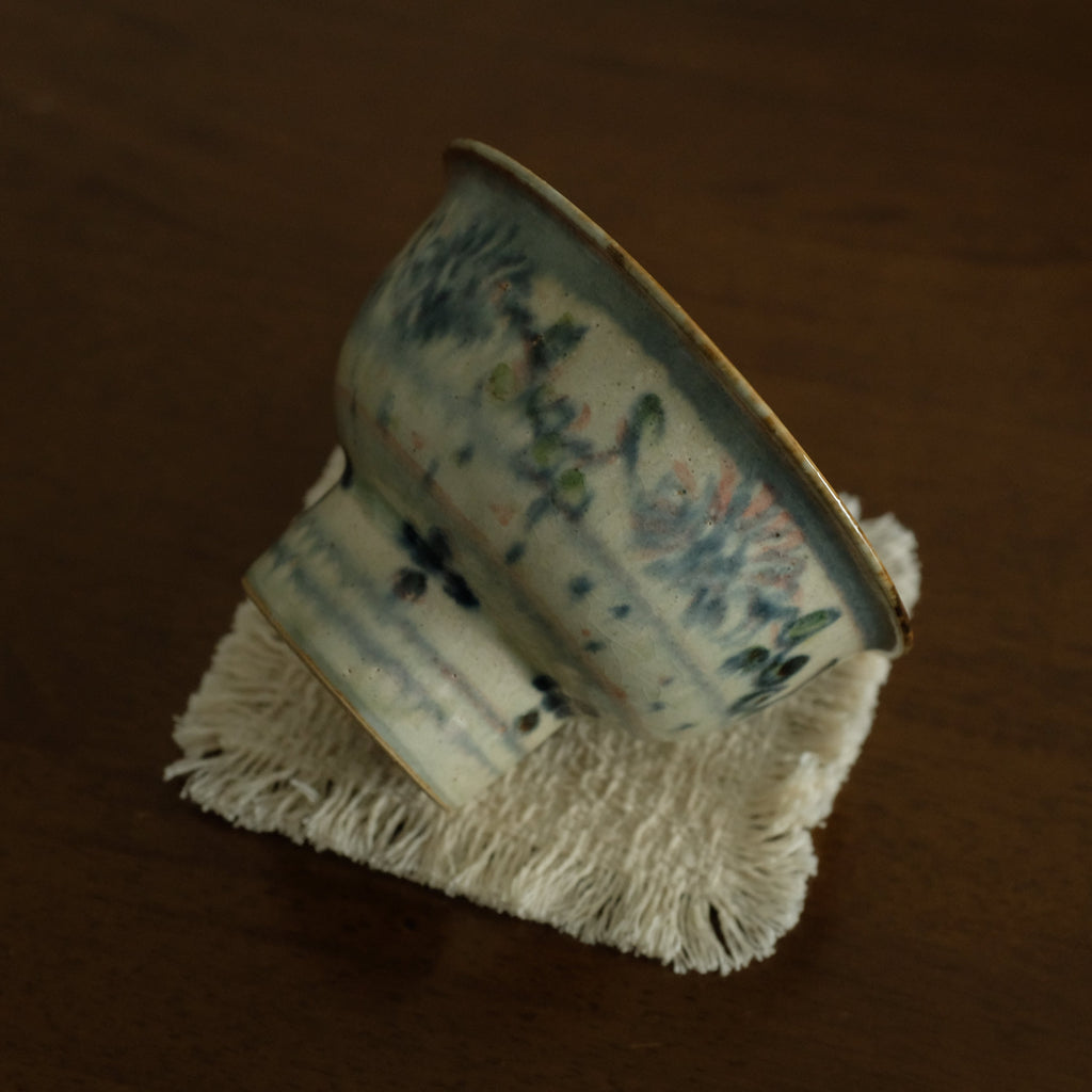 Annan Azure Retro Style Handpainted Shiboride Indigo Blue Floral Motifs High Footed Tea Bowl Chawan Matcha Bowl Underglazed Ceramic Stoneware