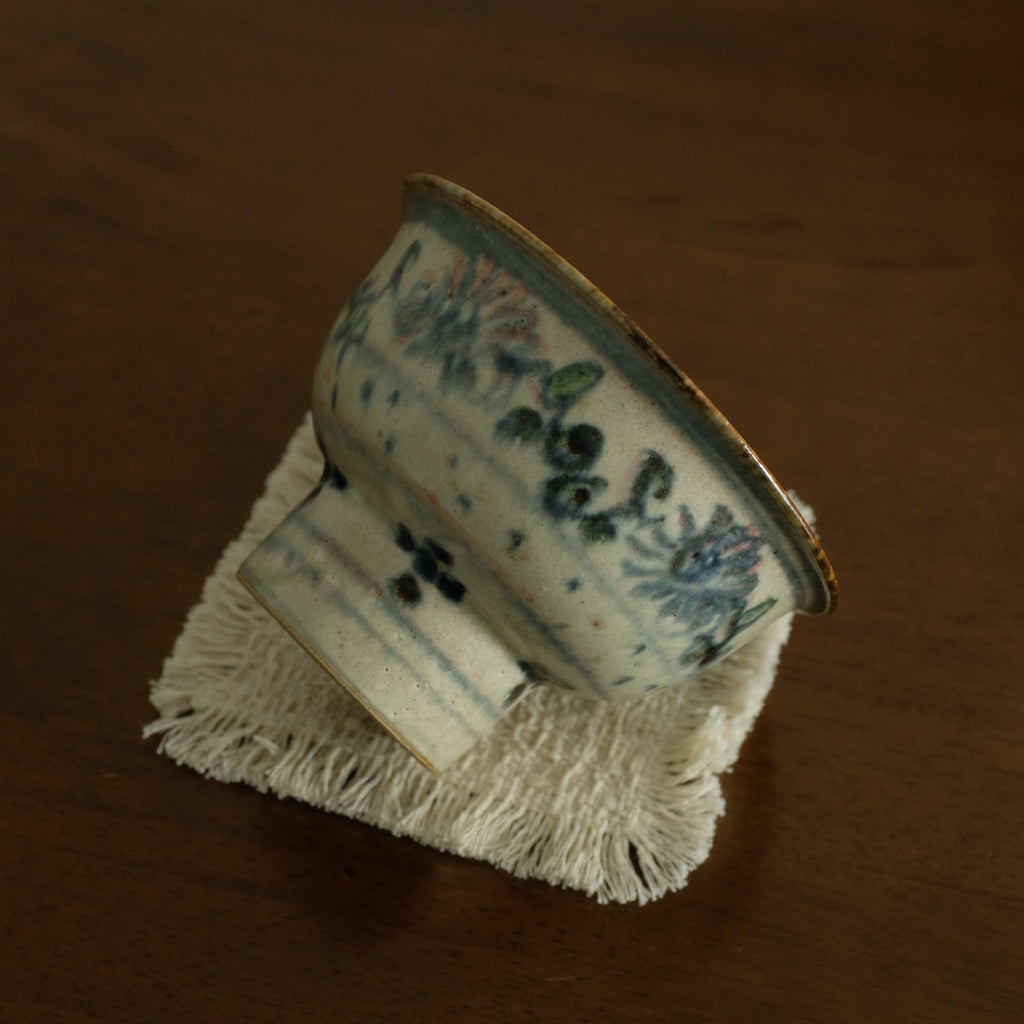 Annan Azure Retro Style Handpainted Shiboride Indigo Blue Floral Motifs High Footed Tea Bowl Chawan Matcha Bowl Underglazed Ceramic Stoneware