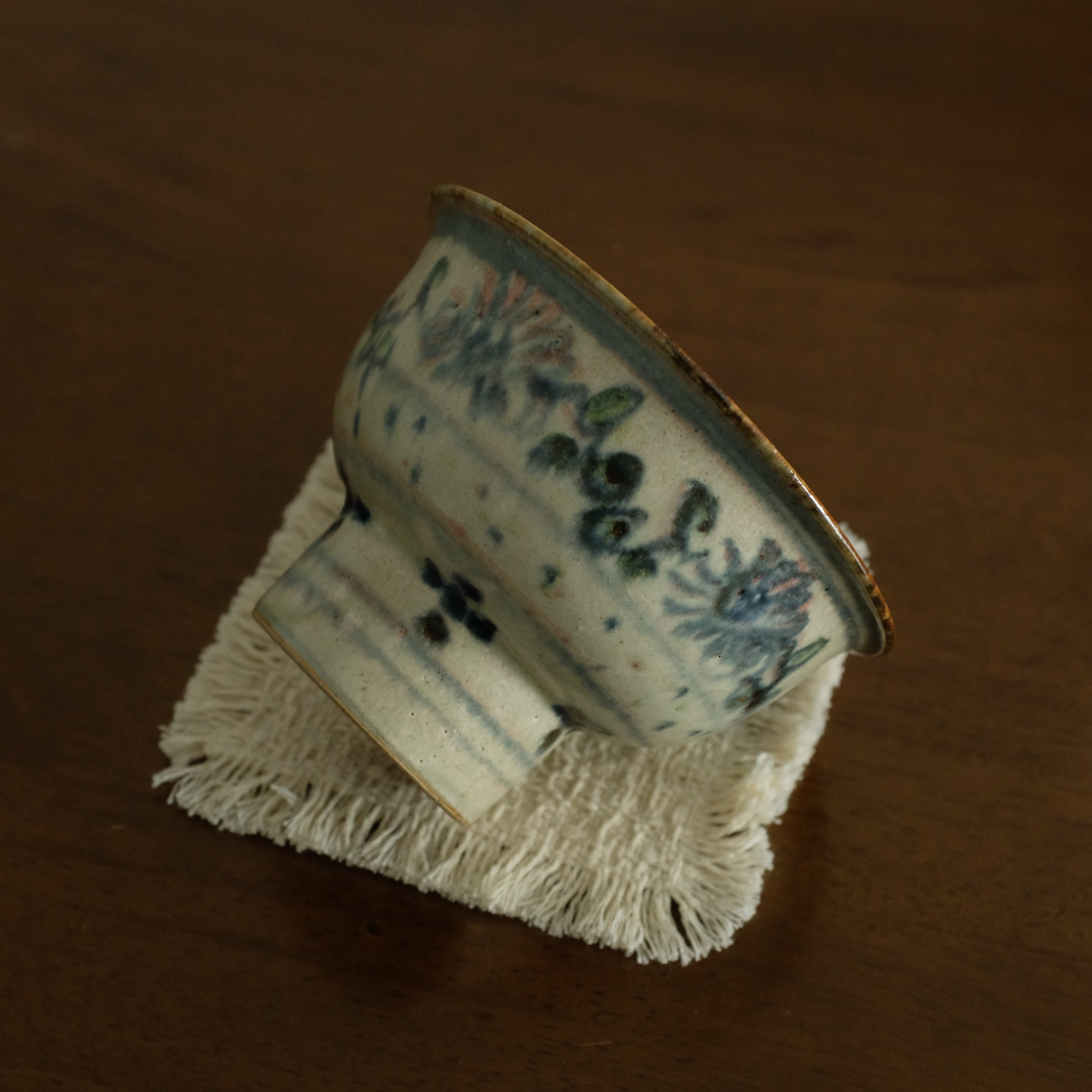 Annan Azure Retro Style Handpainted Shiboride Indigo Blue Floral Motifs High Footed Tea Bowl Chawan Matcha Bowl Underglazed Ceramic Stoneware