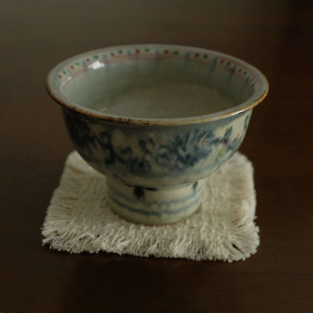 Annan Azure Retro Style Handpainted Shiboride Indigo Blue Floral Motifs High Footed Tea Bowl Chawan Matcha Bowl Underglazed Ceramic Stoneware