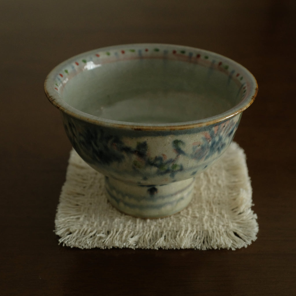 Annan Azure Retro Style Handpainted Shiboride Indigo Blue Floral Motifs High Footed Tea Bowl Chawan Matcha Bowl Underglazed Ceramic Stoneware