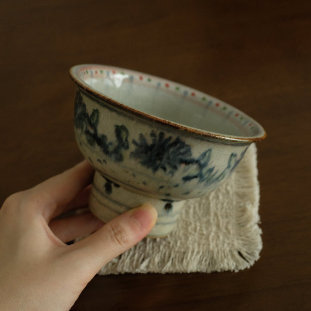 Annan Azure Retro Style Handpainted Shiboride Indigo Blue Floral Motifs High Footed Tea Bowl Chawan Matcha Bowl Underglazed Ceramic Stoneware