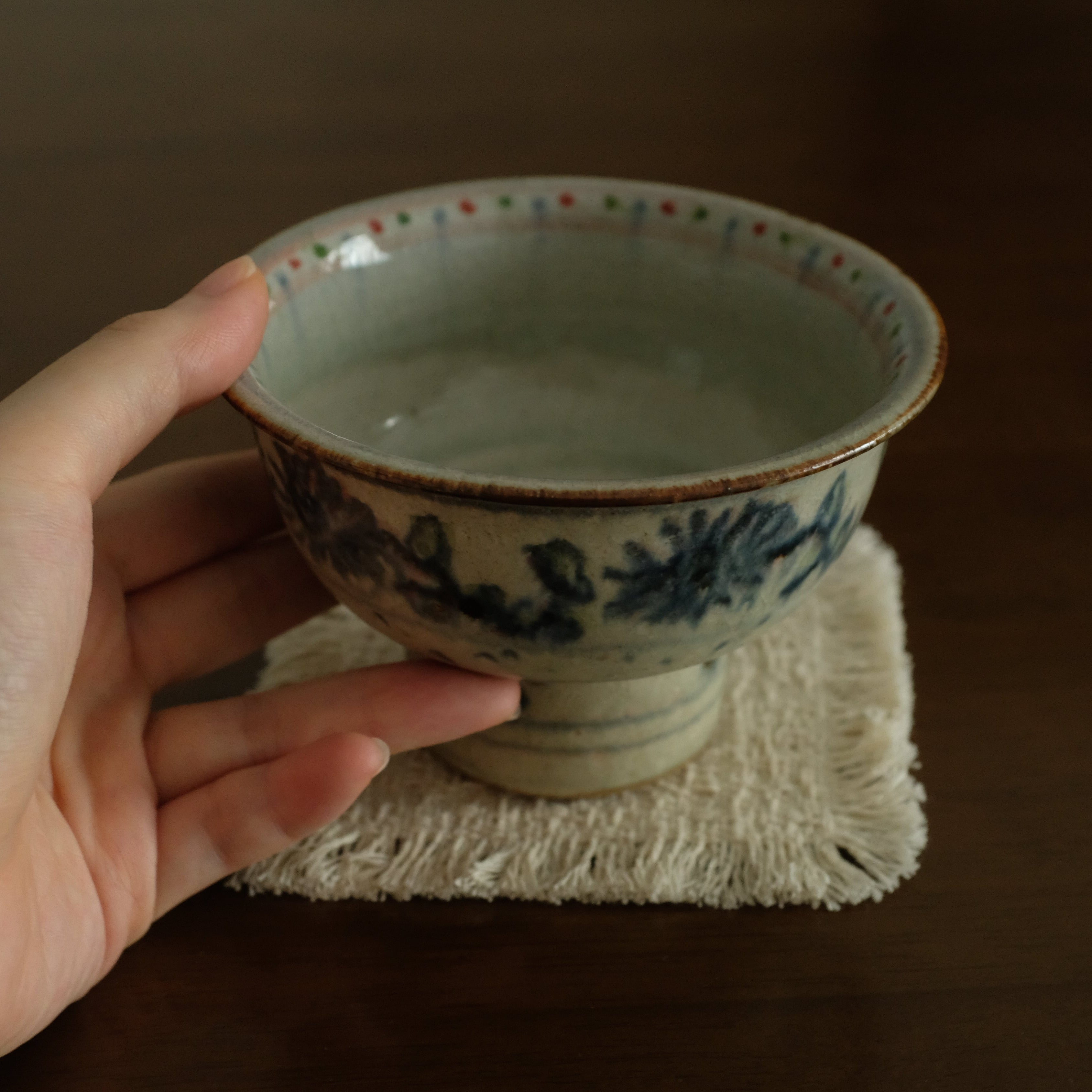 Annan Azure Retro Style Handpainted Shiboride Indigo Blue Floral Motifs High Footed Tea Bowl Chawan Matcha Bowl Underglazed Ceramic Stoneware