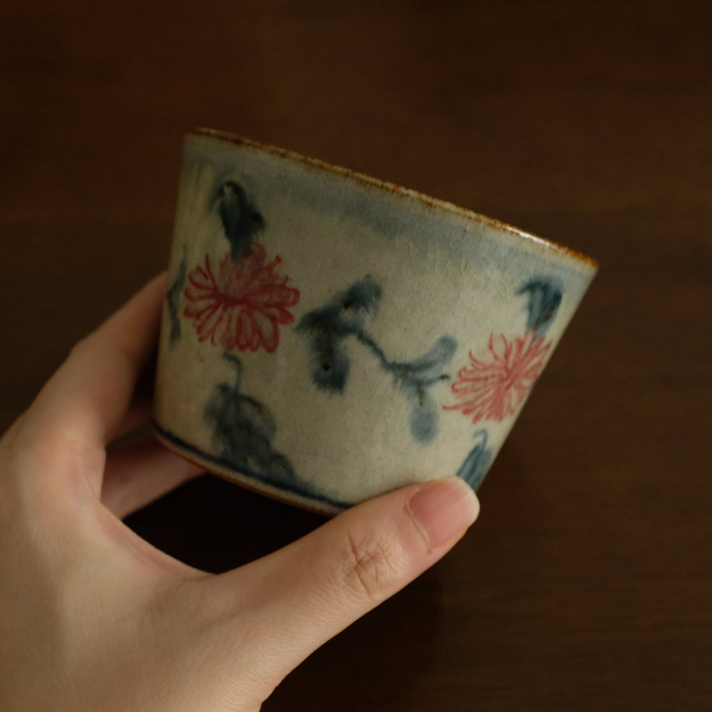 Annan Azure Retro Style Hand Painted Akai Red Blue Floral Pattern Choko Cup Underglazed Stoneware Ceramic