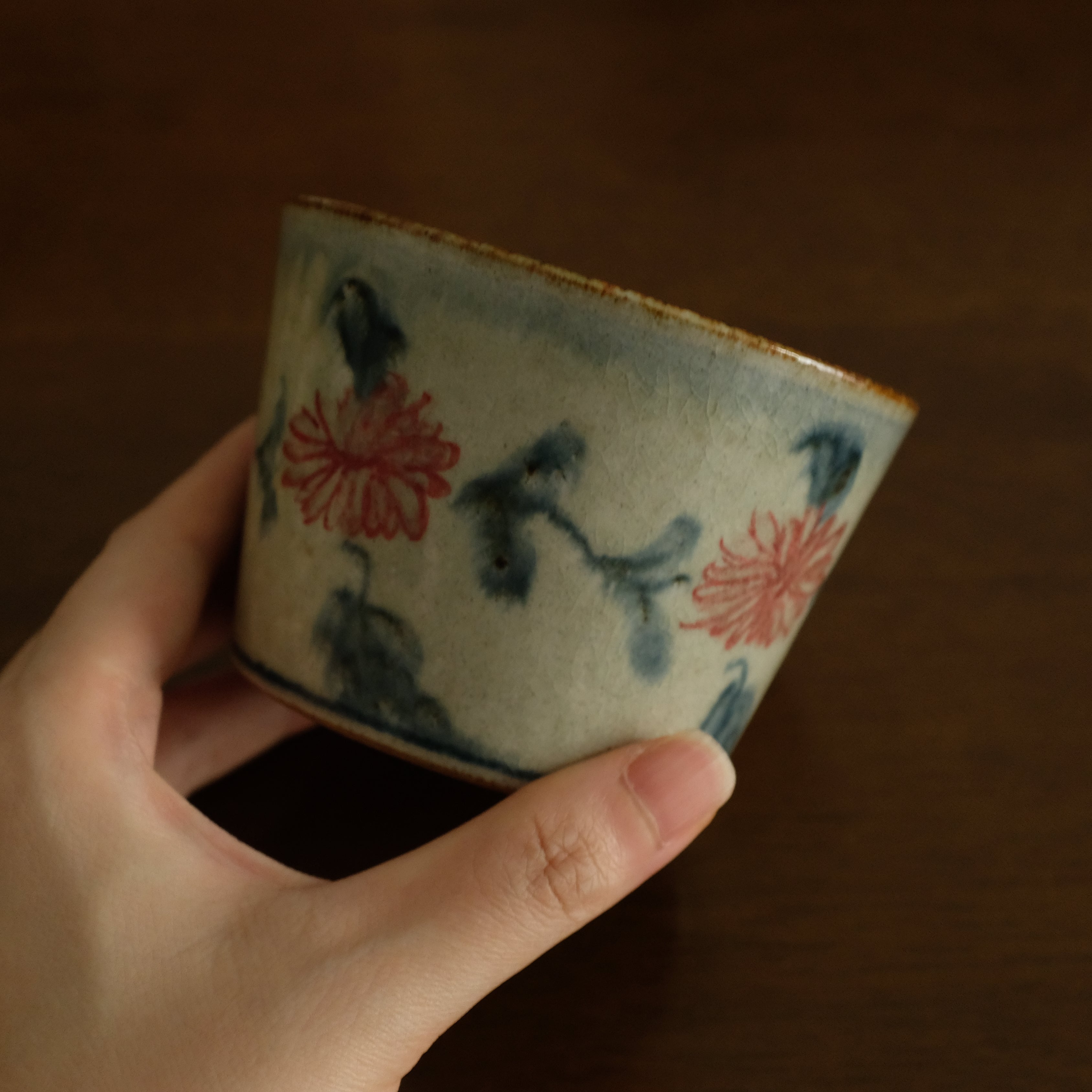 Annan Azure Retro Style Hand Painted Akai Red Blue Floral Pattern Choko Cup Underglazed Stoneware Ceramic