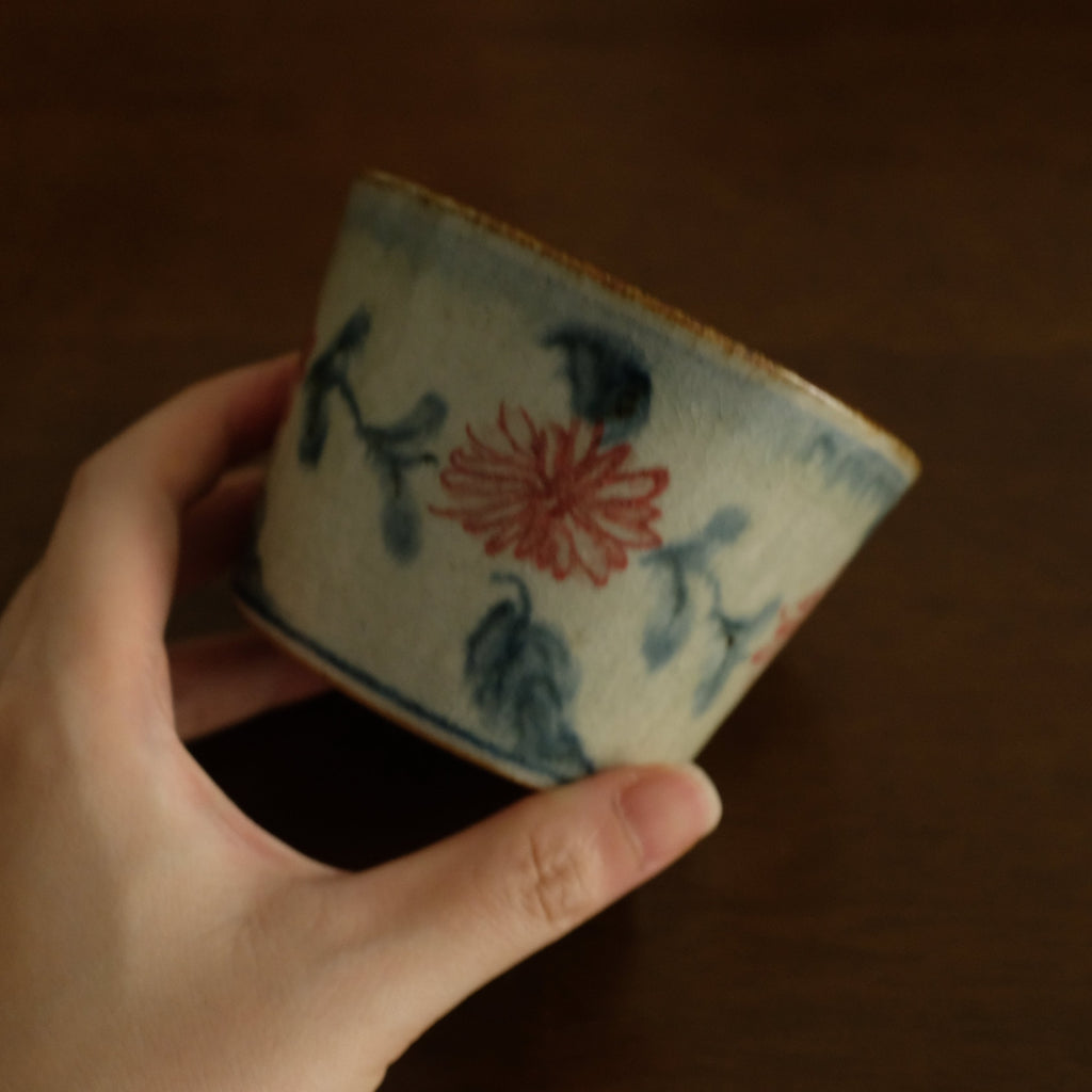 Annan Azure Retro Style Hand Painted Akai Red Blue Floral Pattern Choko Cup Underglazed Stoneware Ceramic