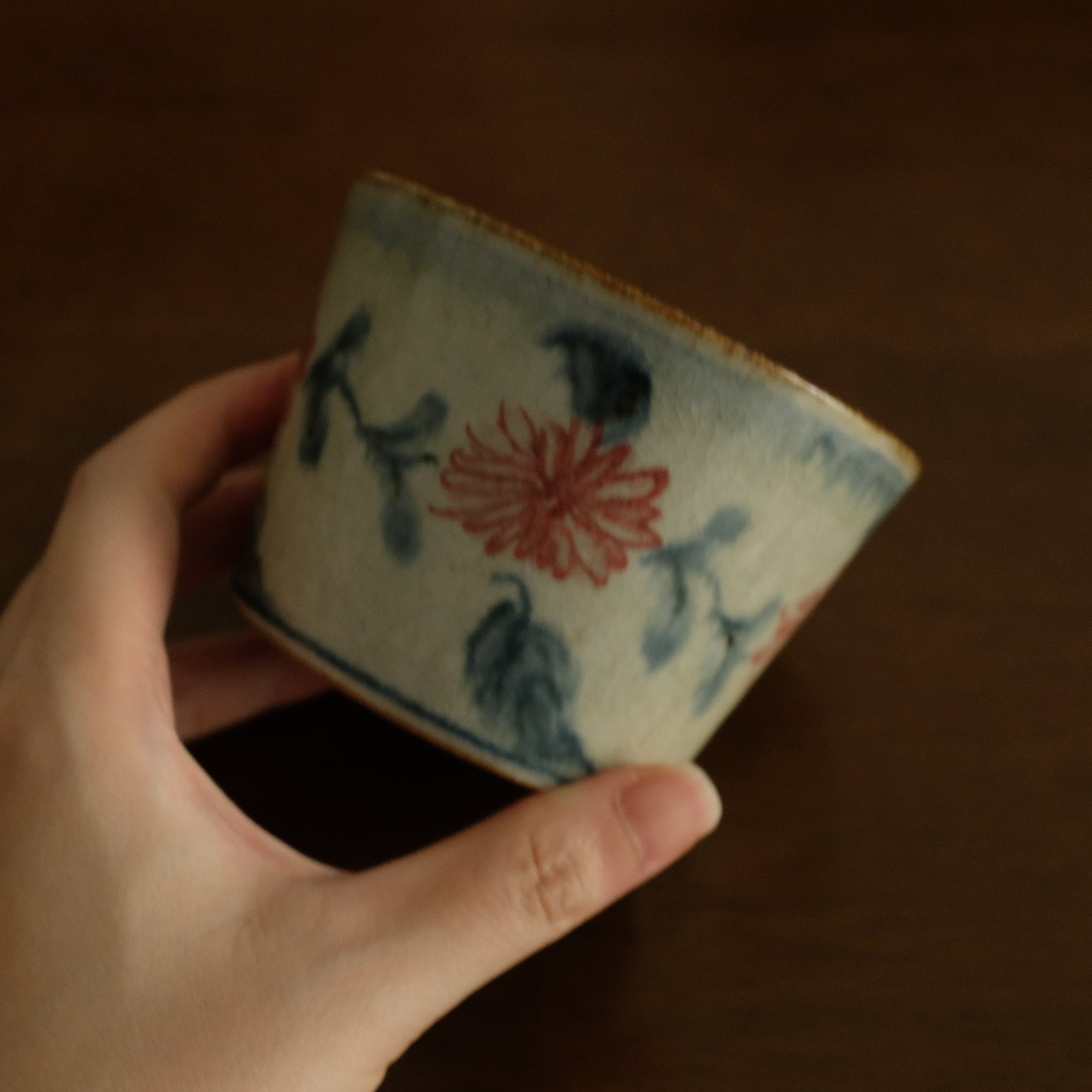 Annan Azure Retro Style Hand Painted Akai Red Blue Floral Pattern Choko Cup Underglazed Stoneware Ceramic