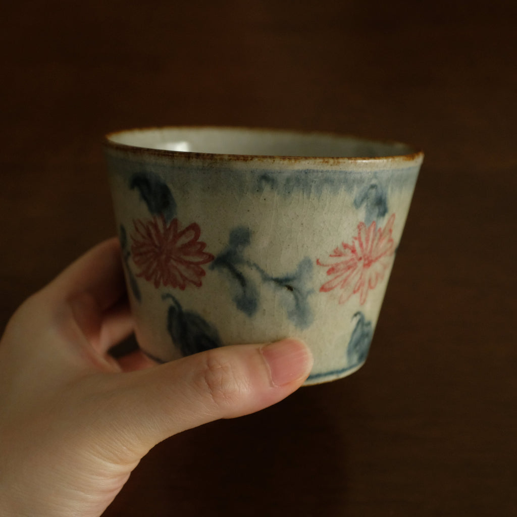 Annan Azure Retro Style Hand Painted Akai Red Blue Floral Pattern Choko Cup Underglazed Stoneware Ceramic