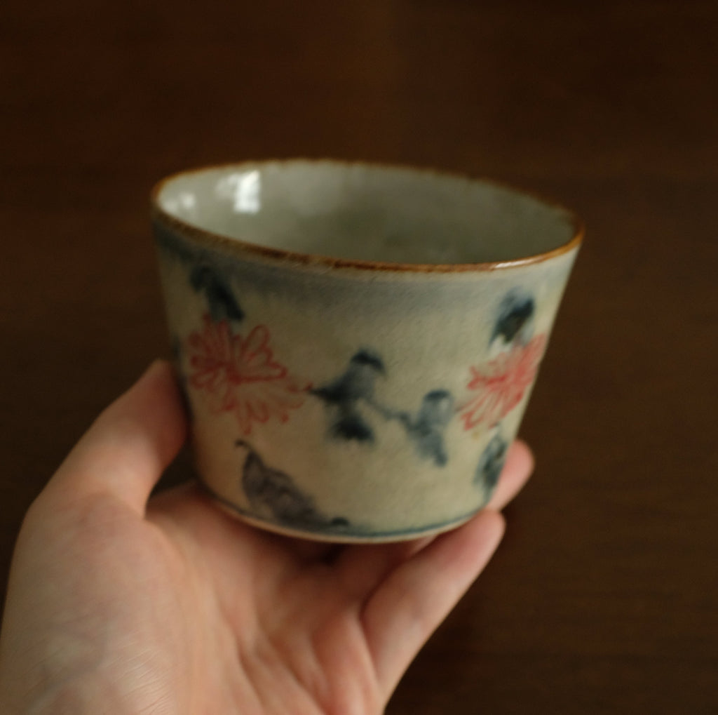 Annan Azure Retro Style Hand Painted Akai Red Blue Floral Pattern Choko Cup Underglazed Stoneware Ceramic