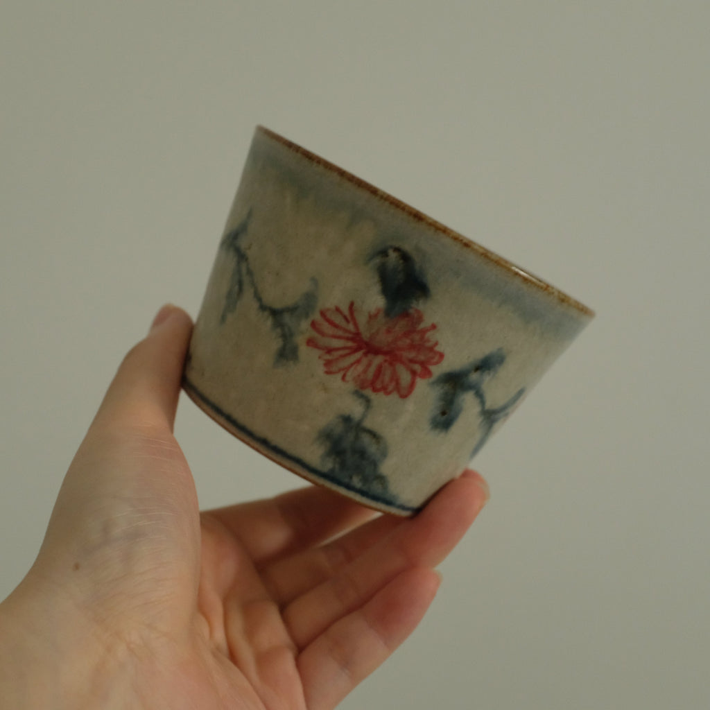 Annan Azure Retro Style Hand Painted Akai Red Blue Floral Pattern Choko Cup Underglazed Stoneware Ceramic