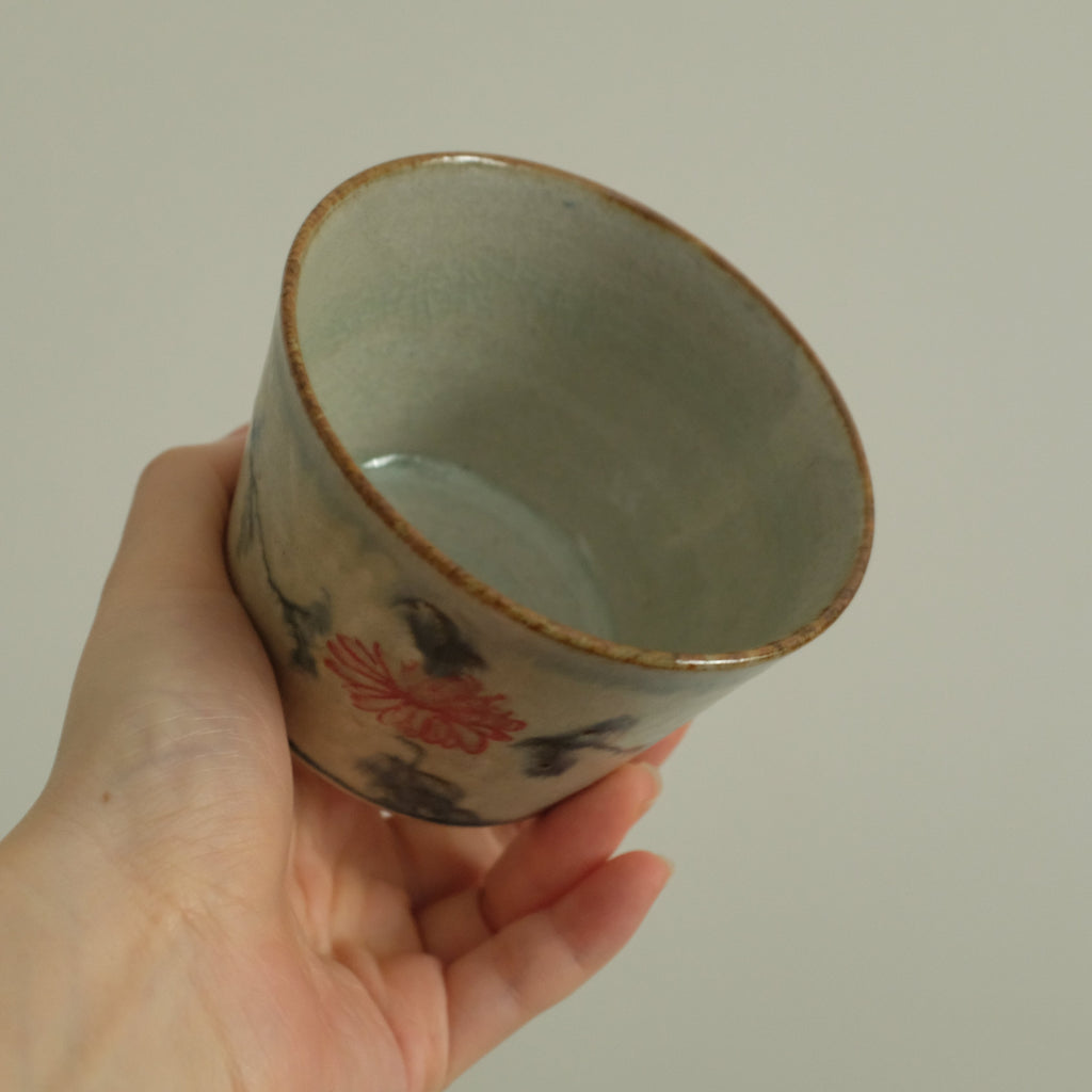 Annan Azure Retro Style Hand Painted Akai Red Blue Floral Pattern Choko Cup Underglazed Stoneware Ceramic