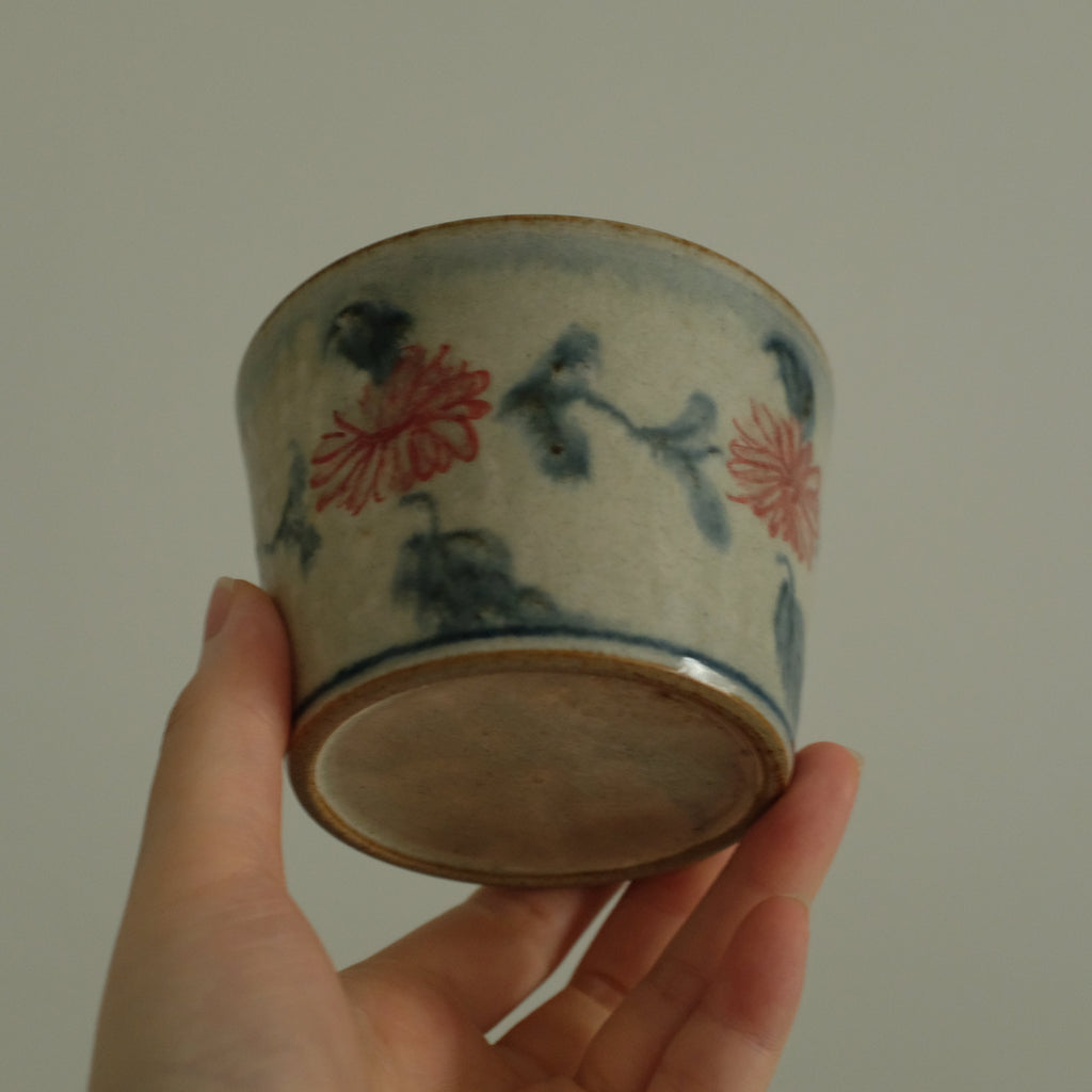 Annan Azure Retro Style Hand Painted Akai Red Blue Floral Pattern Choko Cup Underglazed Stoneware Ceramic
