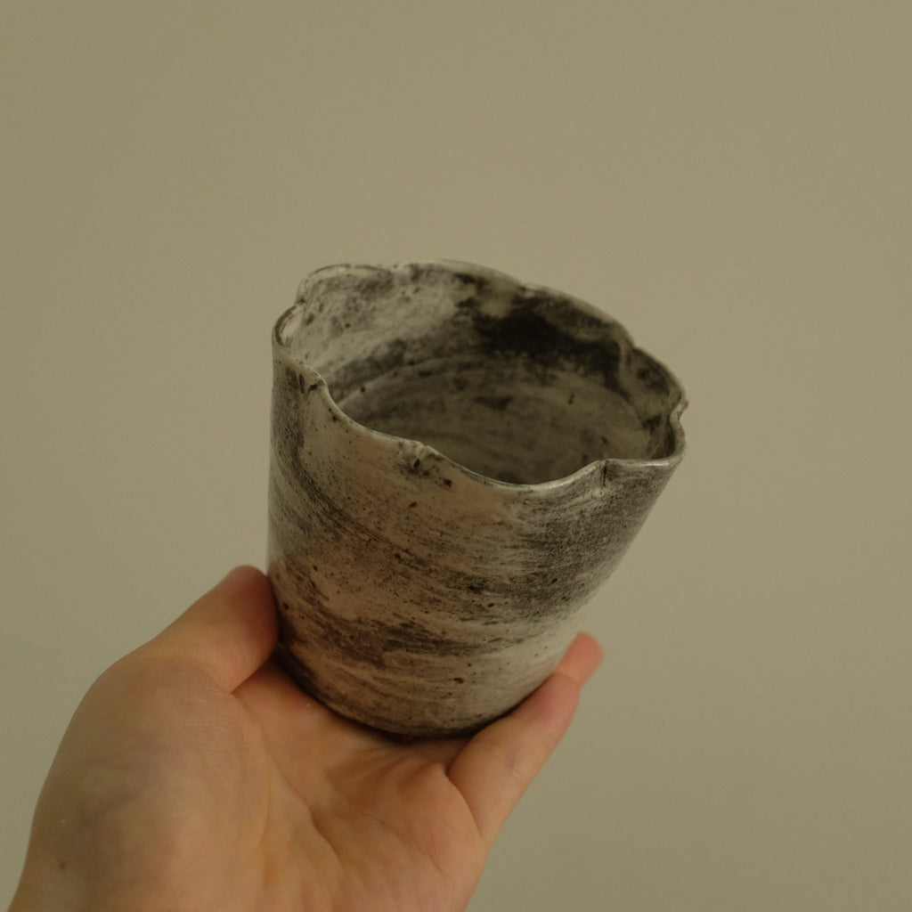 Yuli Handmade Speckled Grey White Floral Rim Choko Cup Powdered Glaze Underglazed Stoneware