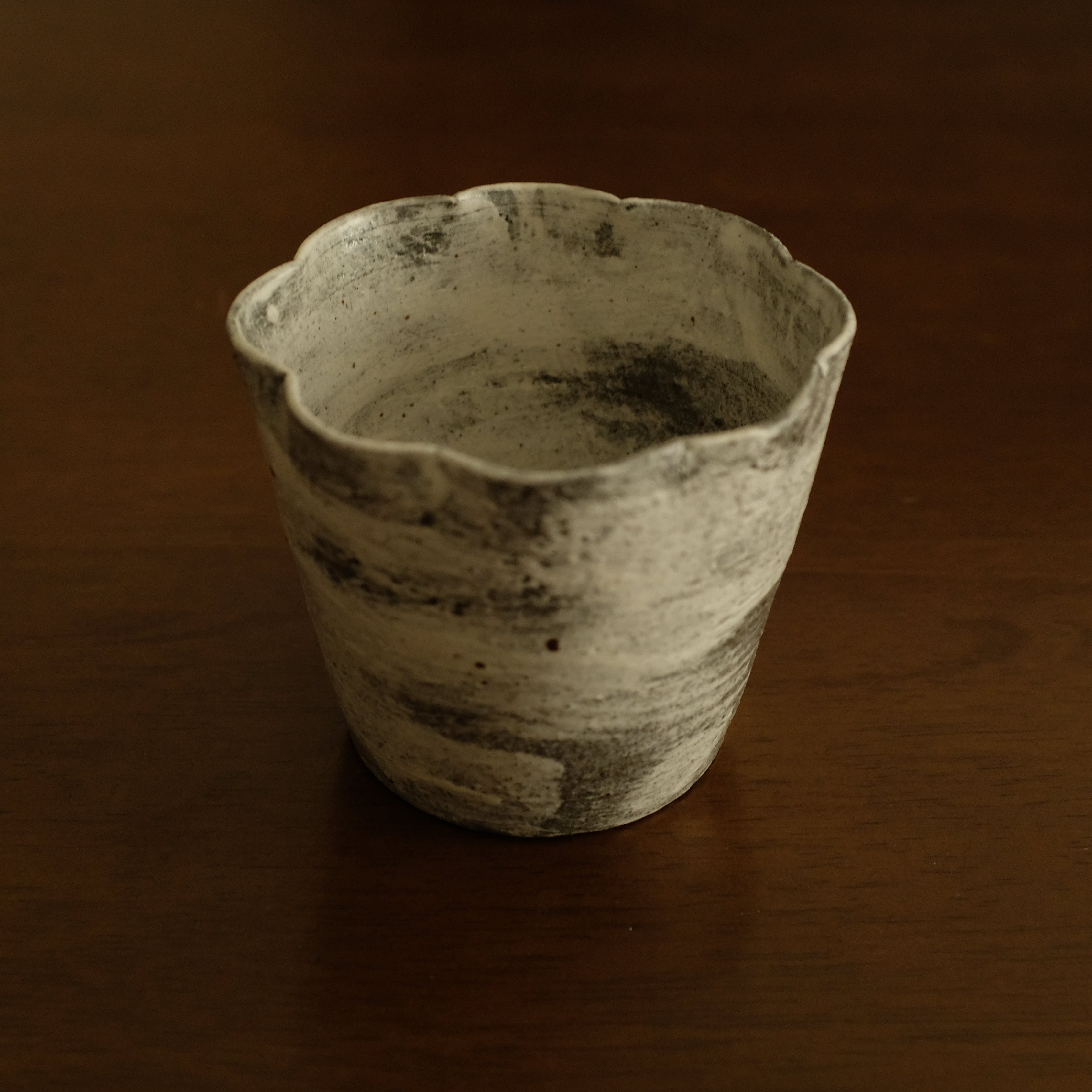 Yuli Handmade Speckled Grey White Floral Rim Choko Cup Powdered Glaze Underglazed Stoneware