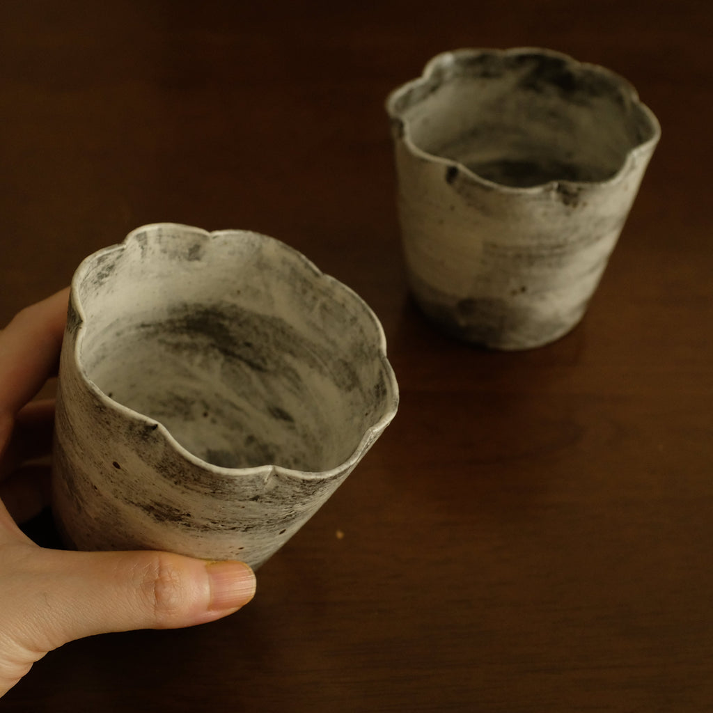 Yuli Handmade Speckled Grey White Floral Rim Choko Cup Powdered Glaze Underglazed Stoneware