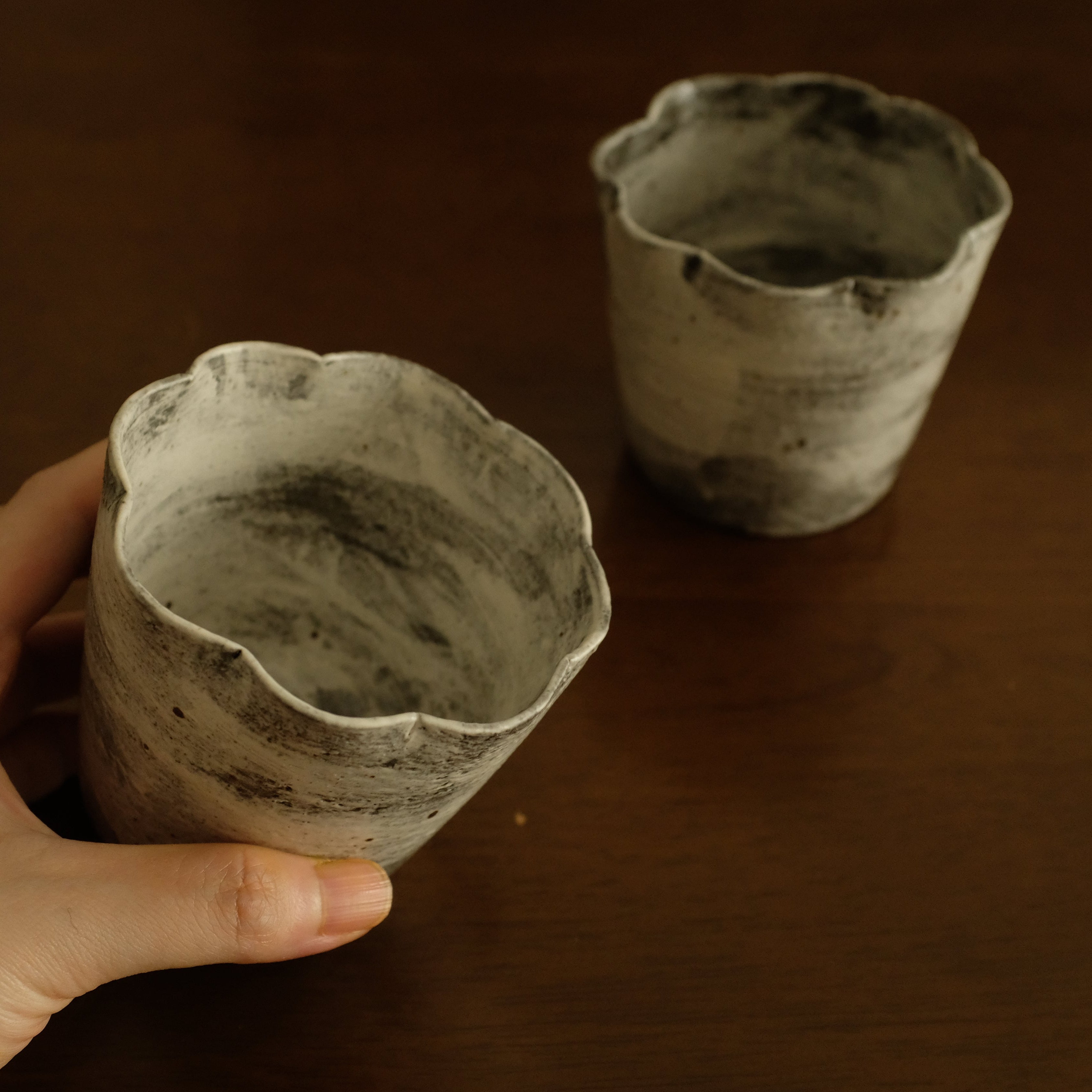 Yuli Handmade Speckled Grey White Floral Rim Choko Cup Powdered Glaze Underglazed Stoneware