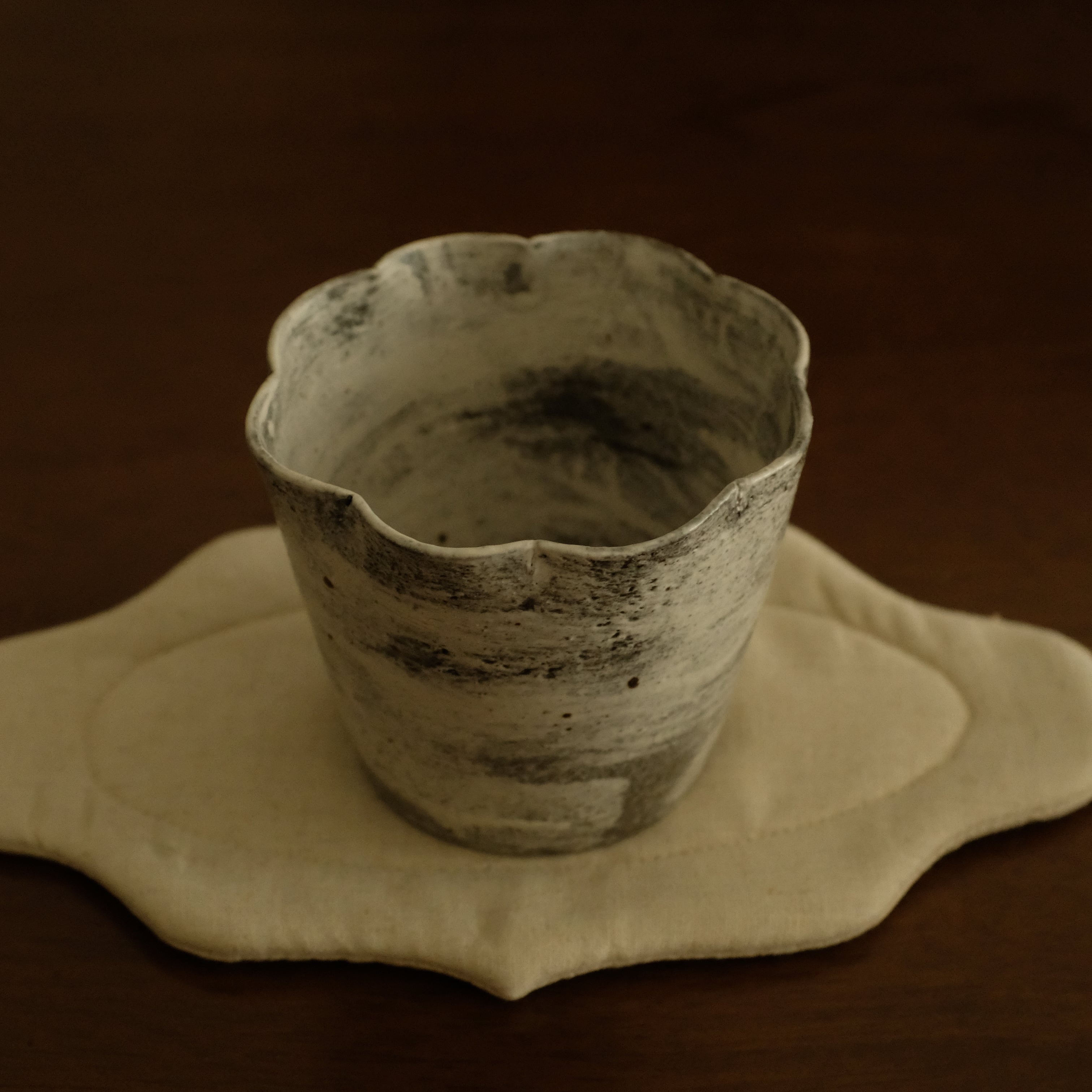 Yuli Handmade Speckled Grey White Floral Rim Choko Cup Powdered Glaze Underglazed Stoneware