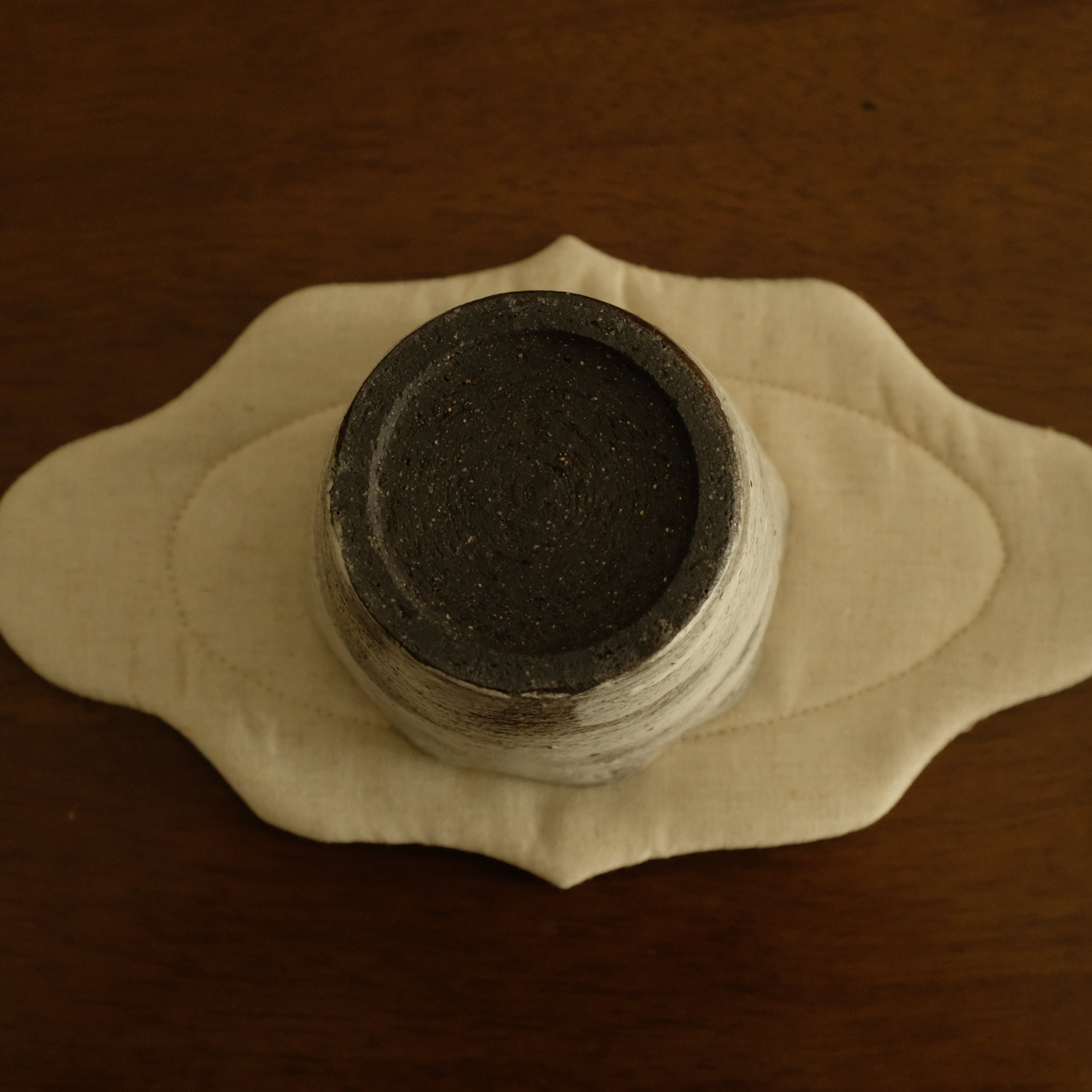 Yuli Handmade Speckled Grey White Floral Rim Choko Cup Powdered Glaze Underglazed Stoneware