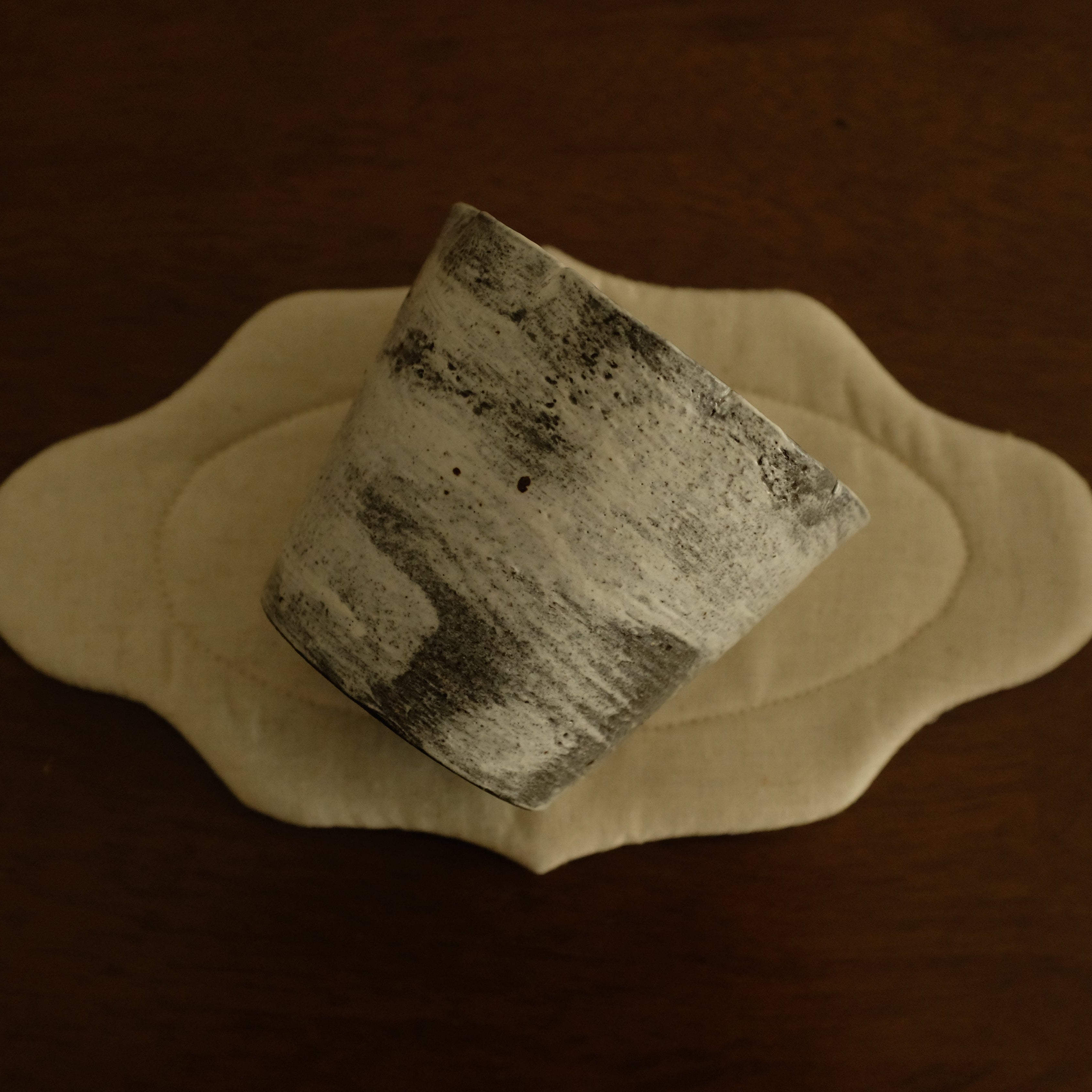Yuli Handmade Speckled Grey White Floral Rim Choko Cup Powdered Glaze Underglazed Stoneware
