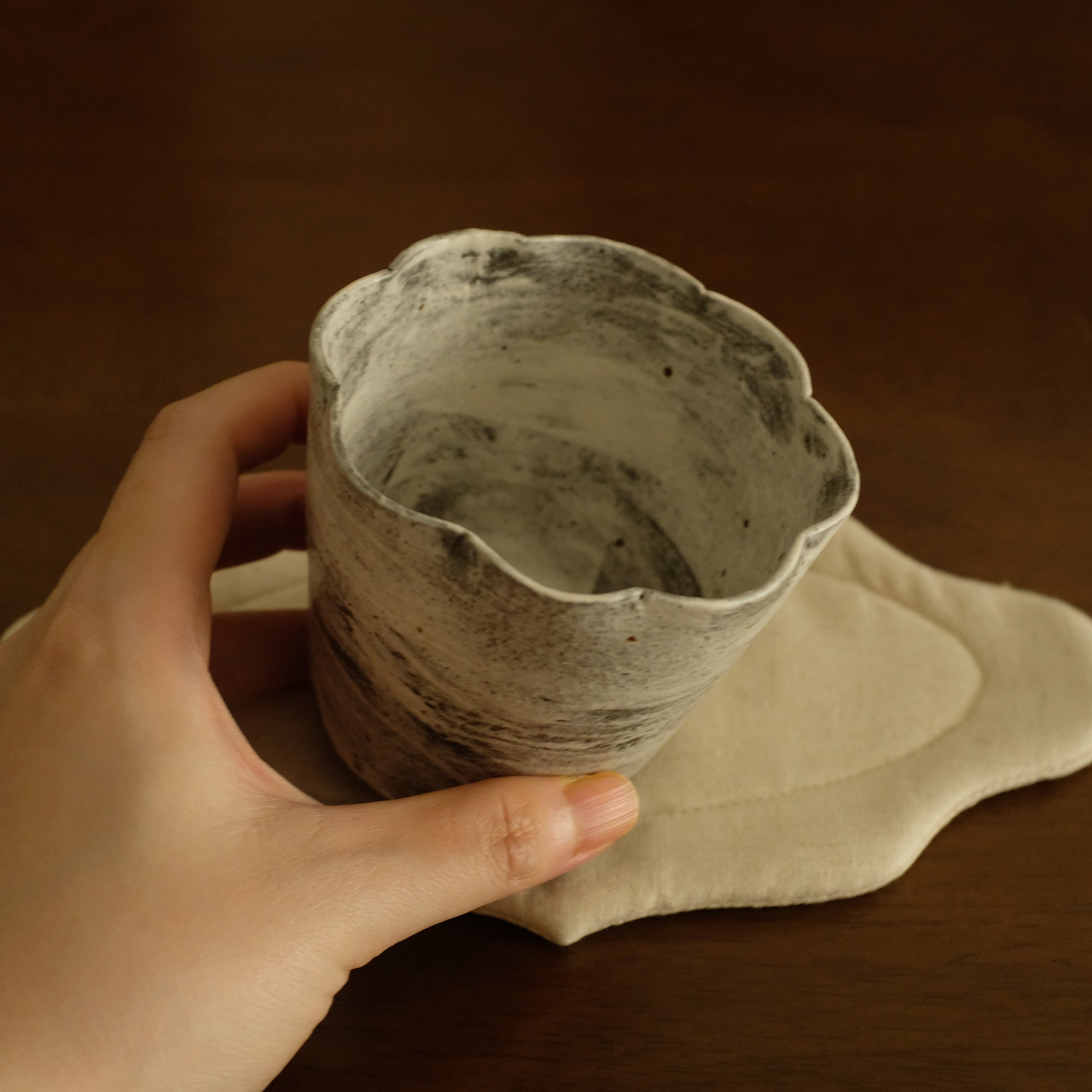 Yuli Handmade Speckled Grey White Floral Rim Choko Cup Powdered Glaze Underglazed Stoneware