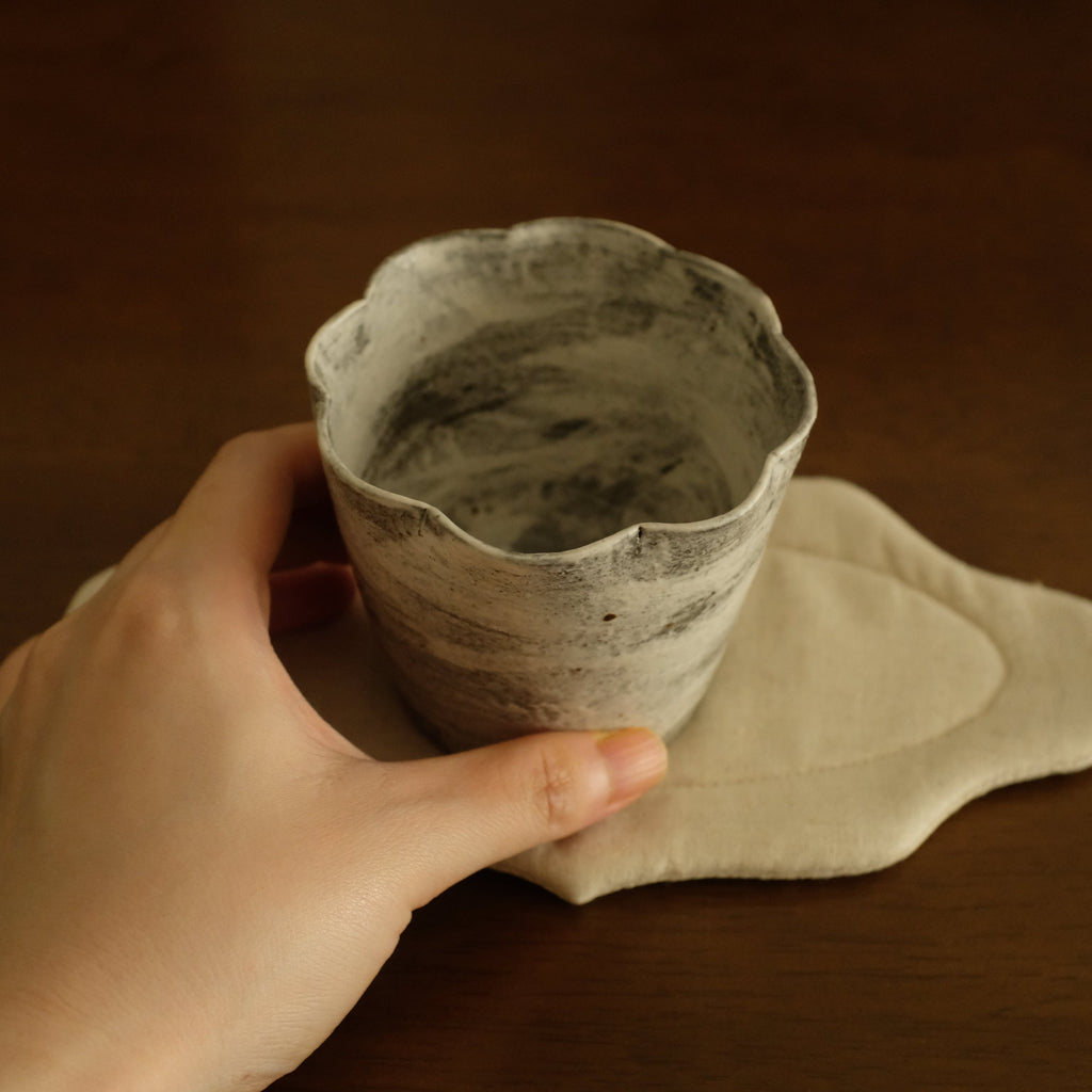 Yuli Handmade Speckled Grey White Floral Rim Choko Cup Powdered Glaze Underglazed Stoneware