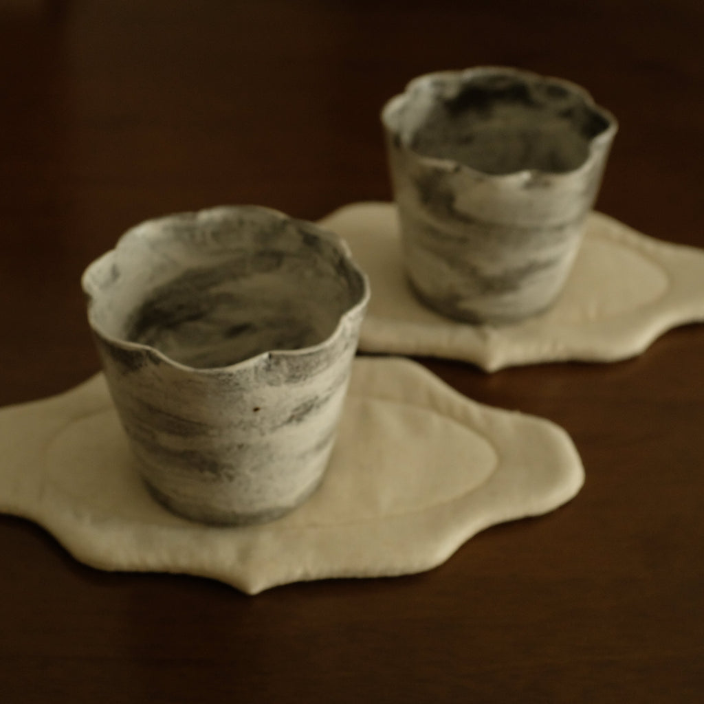 Yuli Handmade Speckled Grey White Floral Rim Choko Cup Powdered Glaze Underglazed Stoneware