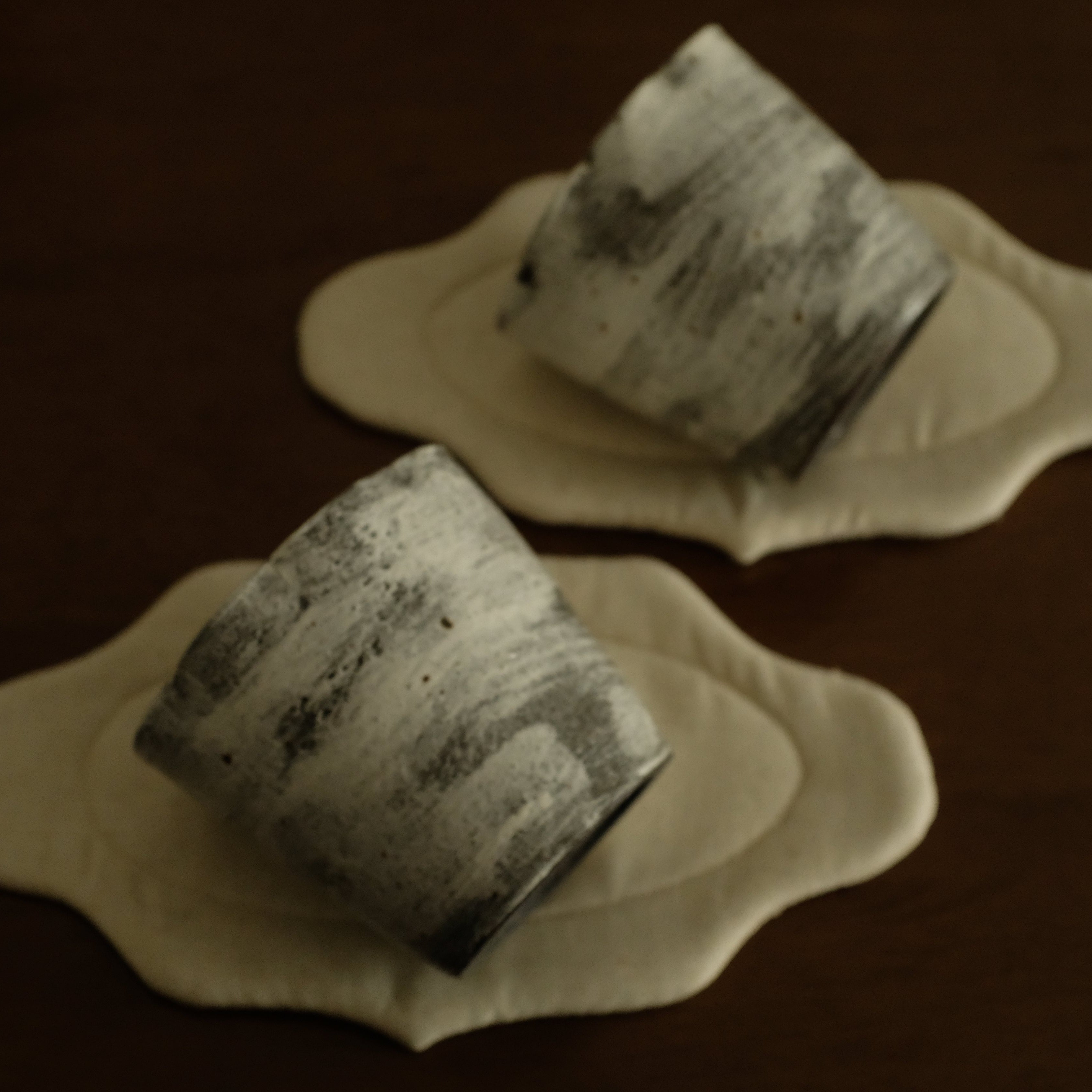Yuli Handmade Speckled Grey White Floral Rim Choko Cup Powdered Glaze Underglazed Stoneware