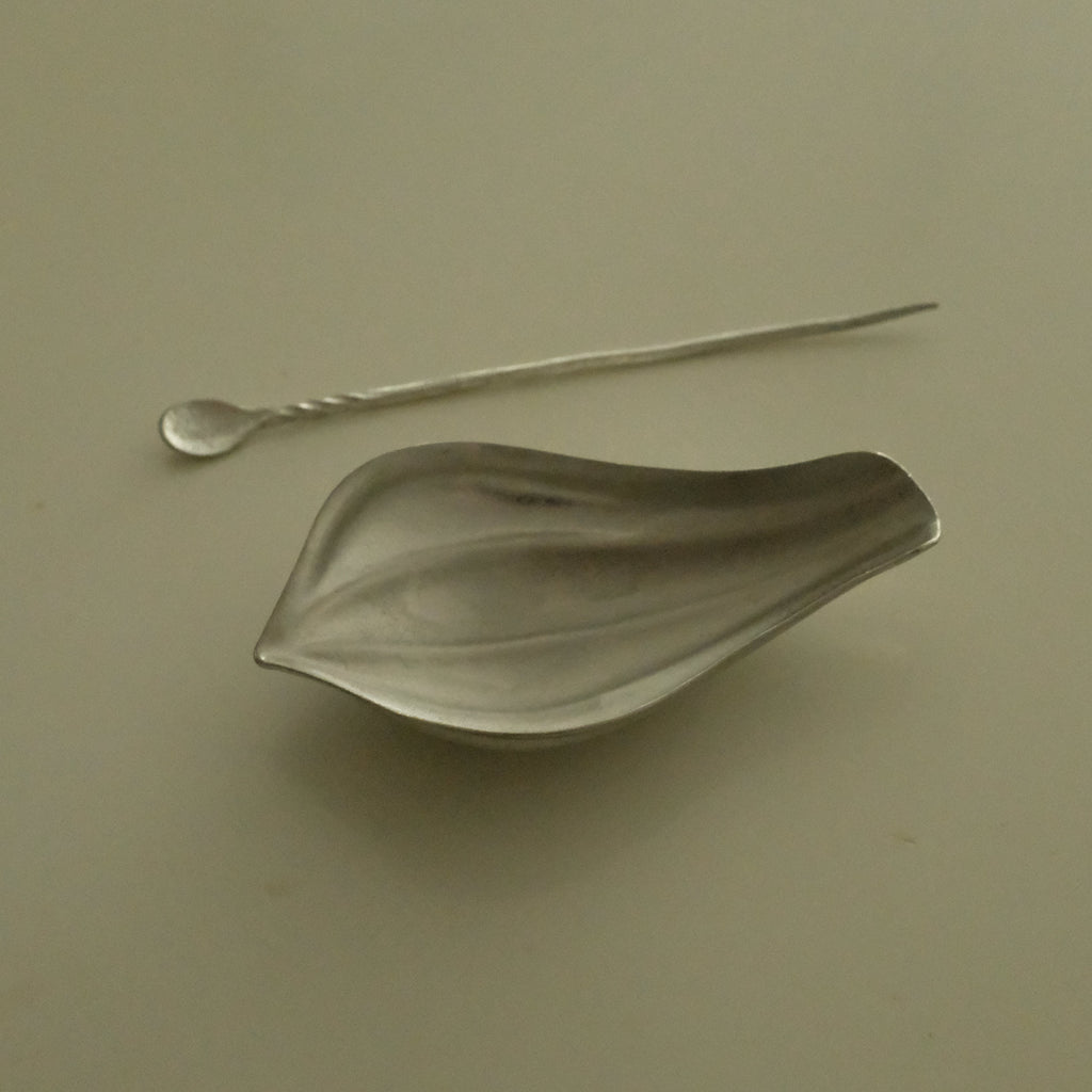 A silver-toned metal spoon resting on a matching leaf-shaped dish, set against a plain beige background.