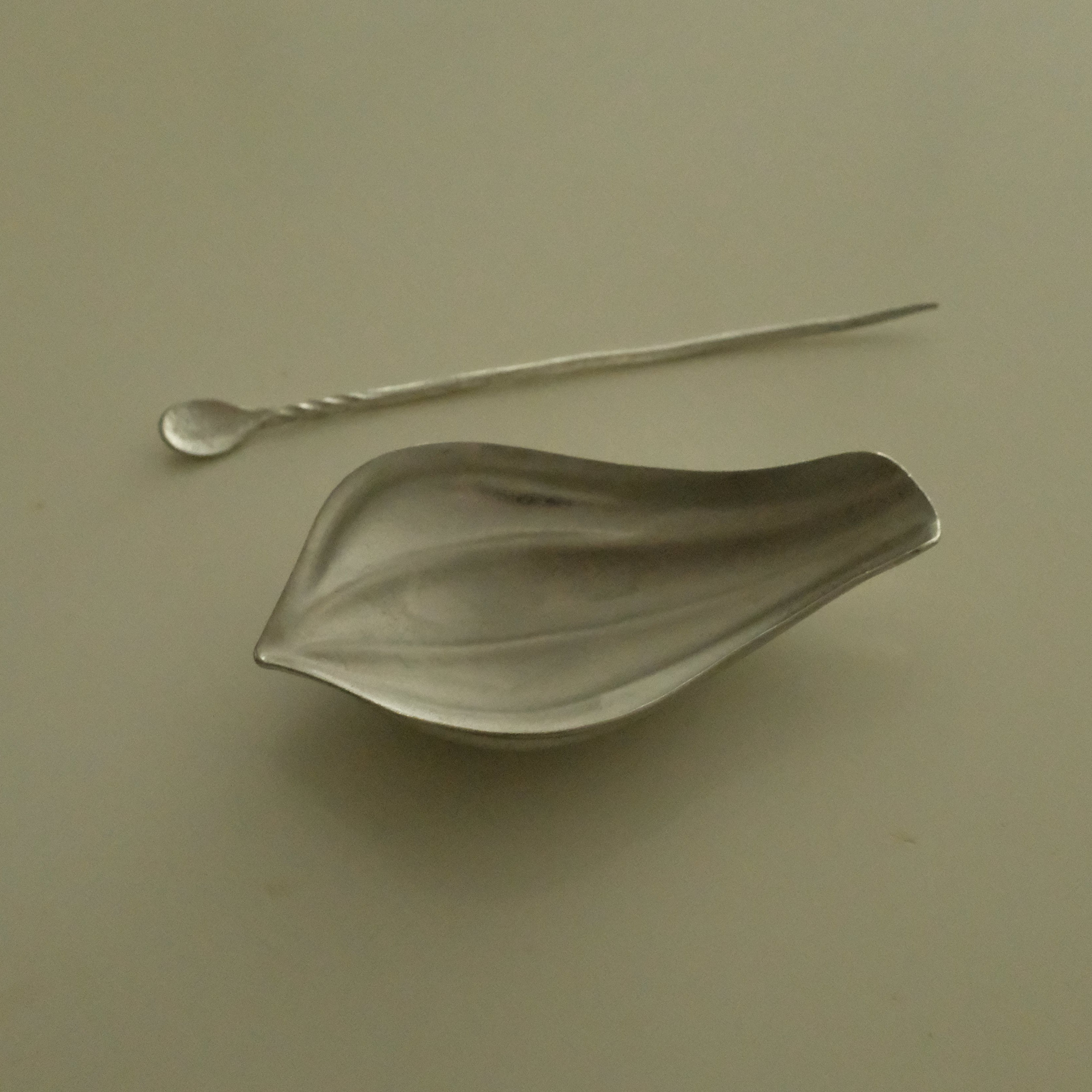 A silver-toned metal spoon resting on a matching leaf-shaped dish, set against a plain beige background.