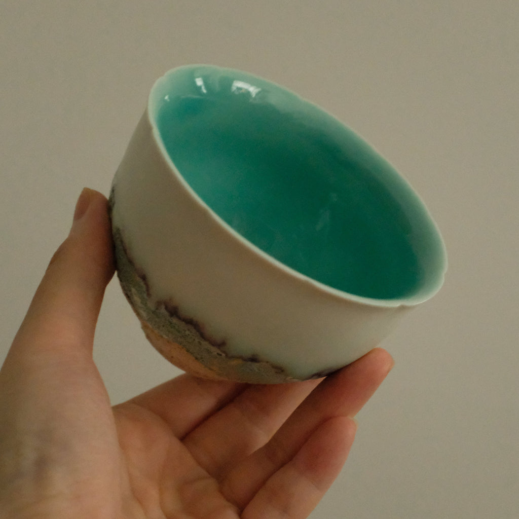 Yuli Handmade Teal Blue Sea Waves Sandy Beach Floral Rim Floral Bud Cup Matte Textured Ceramic Stoneware