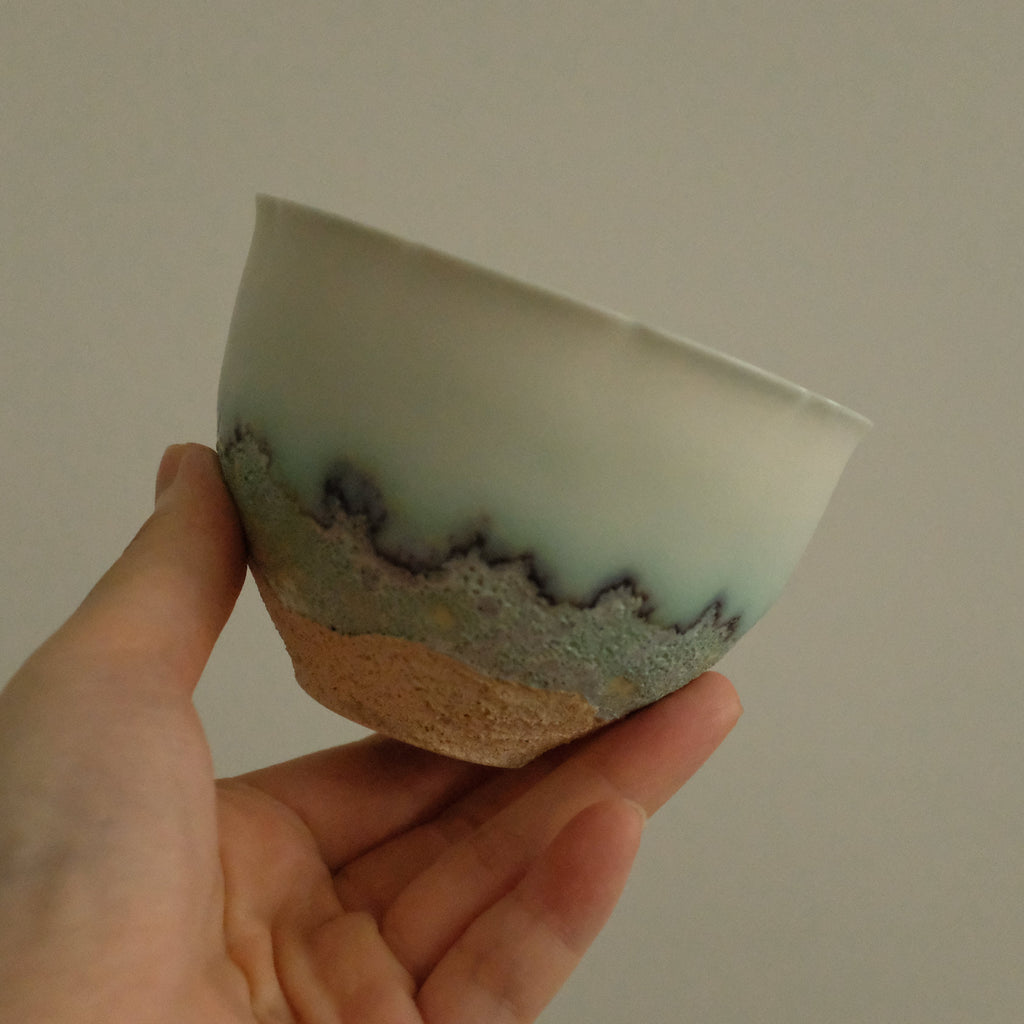 Yuli Handmade Teal Blue Sea Waves Sandy Beach Floral Rim Floral Bud Cup Matte Textured Ceramic Stoneware