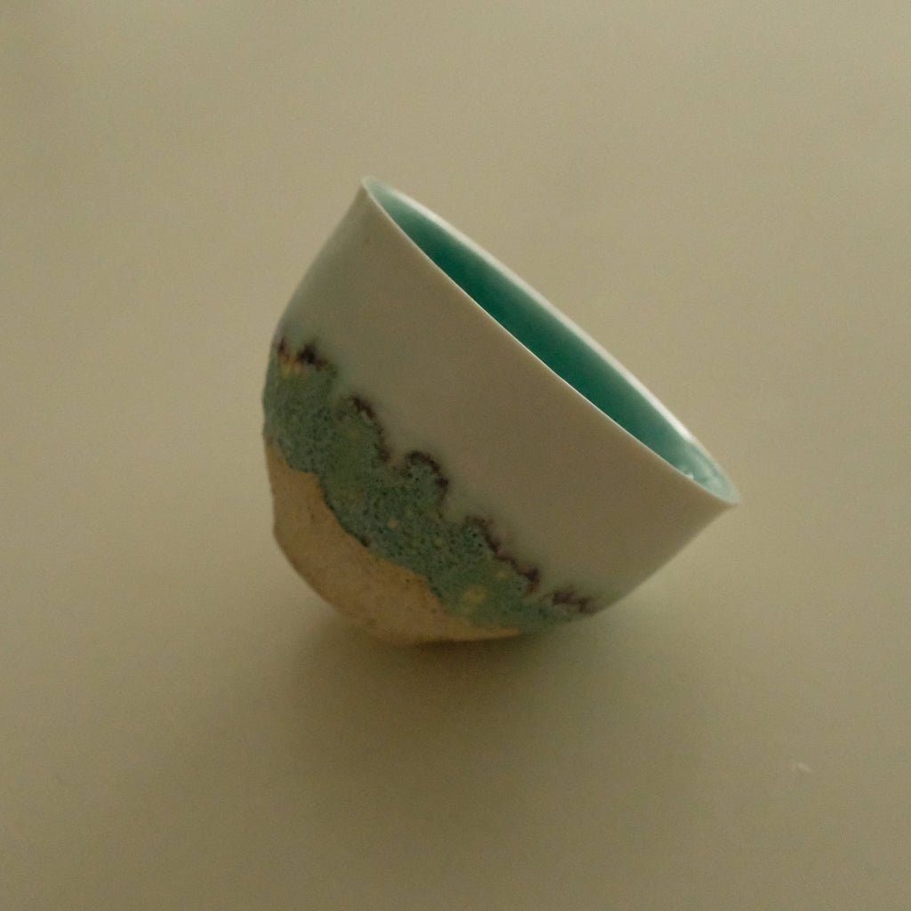 Yuli Handmade Teal Blue Sea Waves Sandy Beach Floral Rim Floral Bud Cup Matte Textured Ceramic Stoneware
