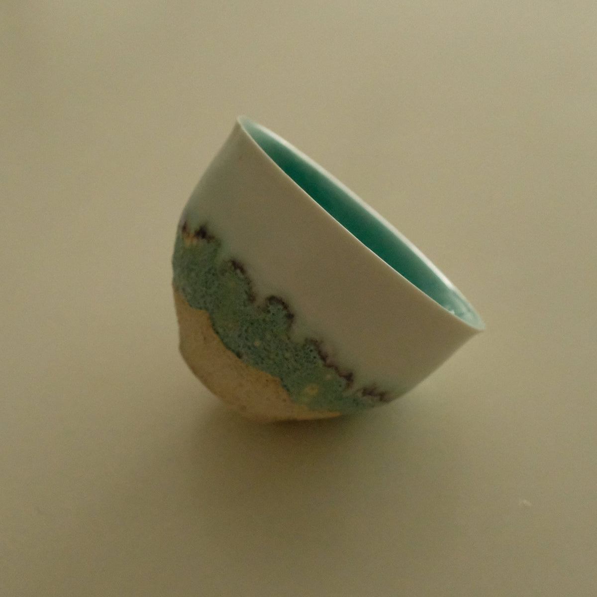 Yuli Handmade Teal Blue Sea Waves Sandy Beach Floral Rim Floral Bud Cup Matte Textured Ceramic Stoneware
